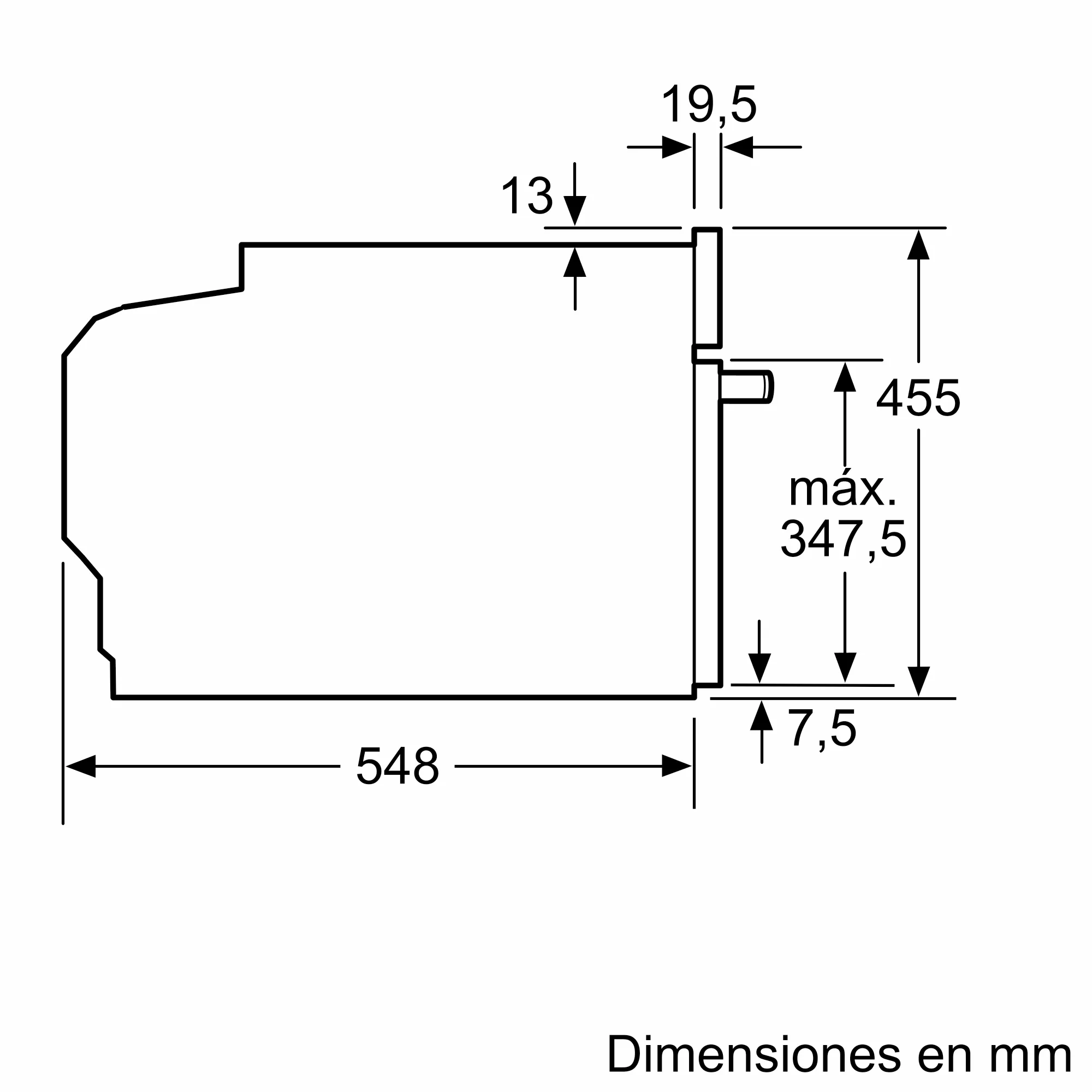 Diagrama con dimensiones en mm. Muestra una vista lateral de una forma rectangular con medidas: 548, 455, 347.5, 19.5, 13 y 7.5.