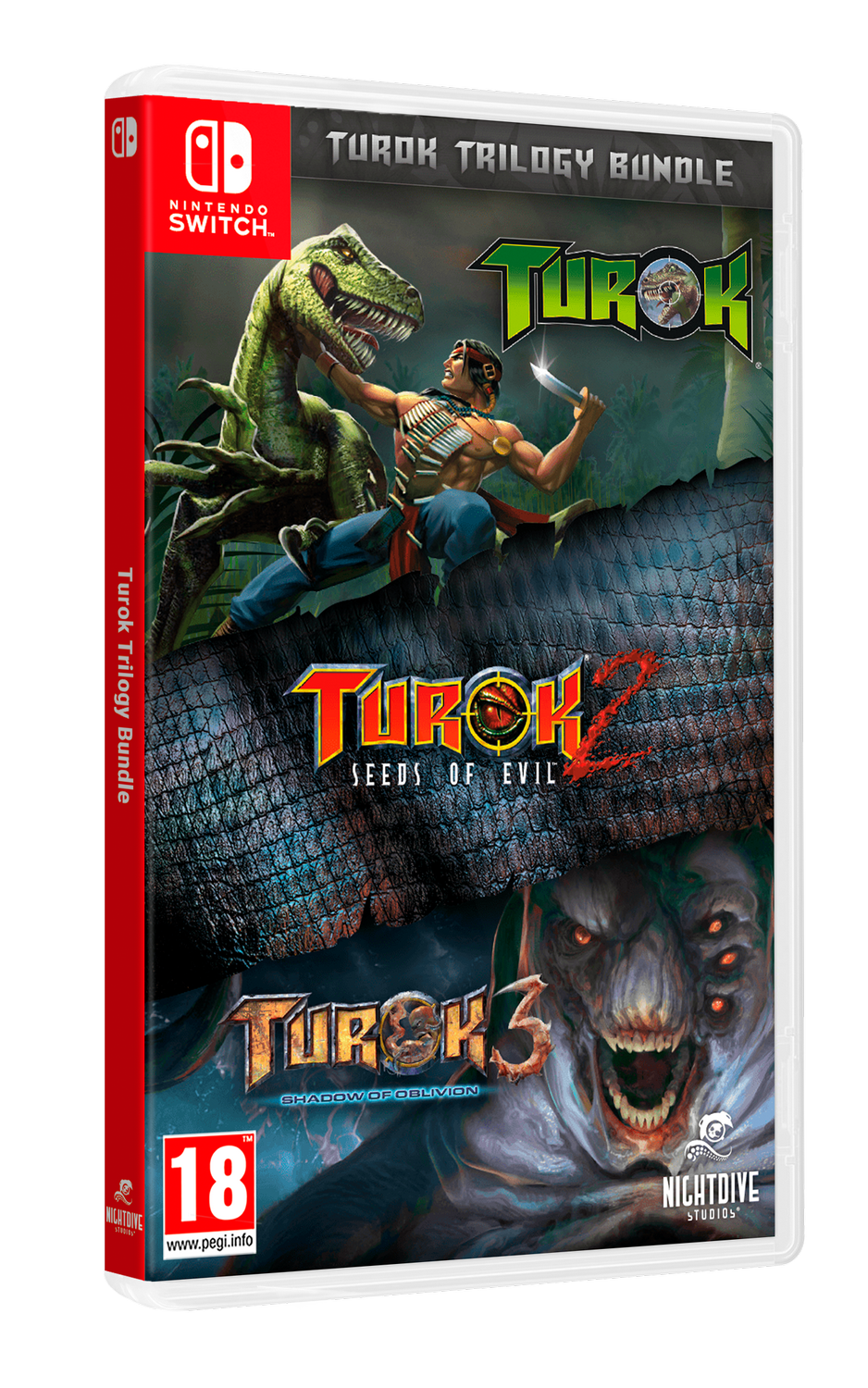 Una caja de juego de Nintendo Switch con Turok Trilogy Bundle. Muestra un dinosaurio y un hombre con un cuchillo, y logotipos de juegos.