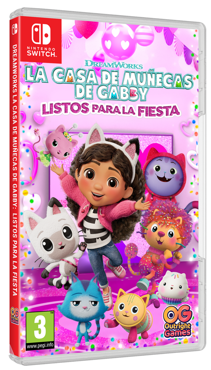 Caja del juego 'La Casa de Muñecas de Gabby' para Nintendo Switch. Con Gabby y gatos sobre fondo rosa. Título en español.