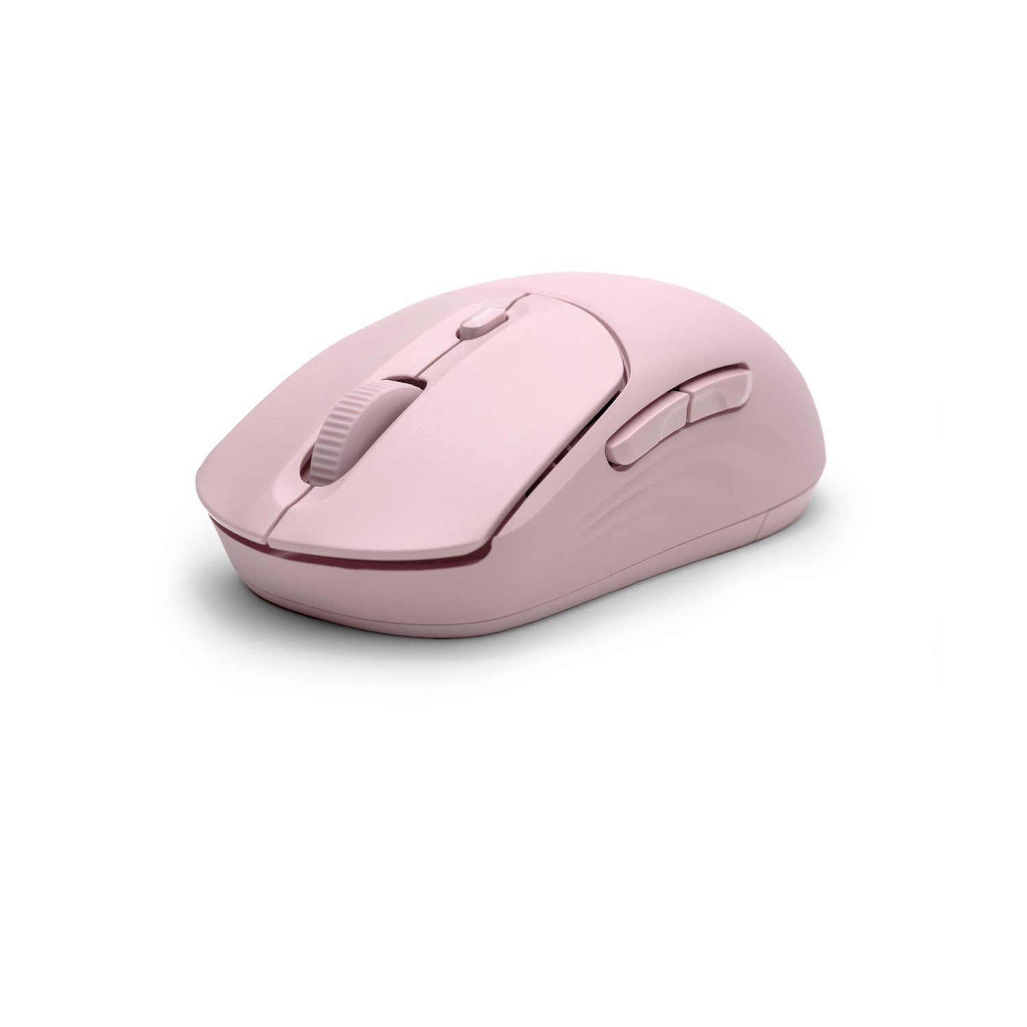 Un mouse per computer wireless rosa con pulsanti, una rotellina e una superficie liscia. È su sfondo bianco.