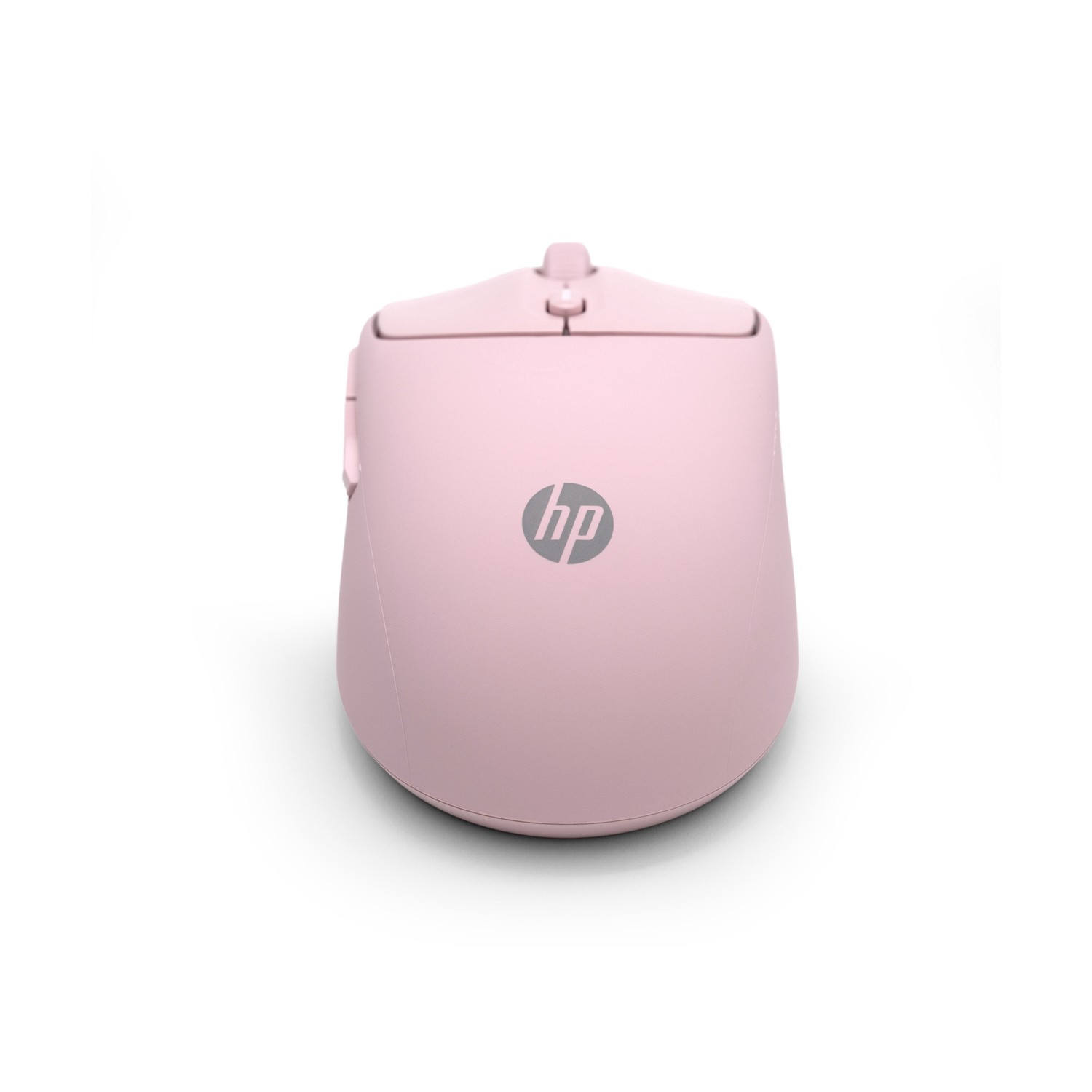 Un mouse wireless HP rosa su sfondo bianco. Il logo HP è sul mouse. Il mouse è centrato e leggermente angolato.