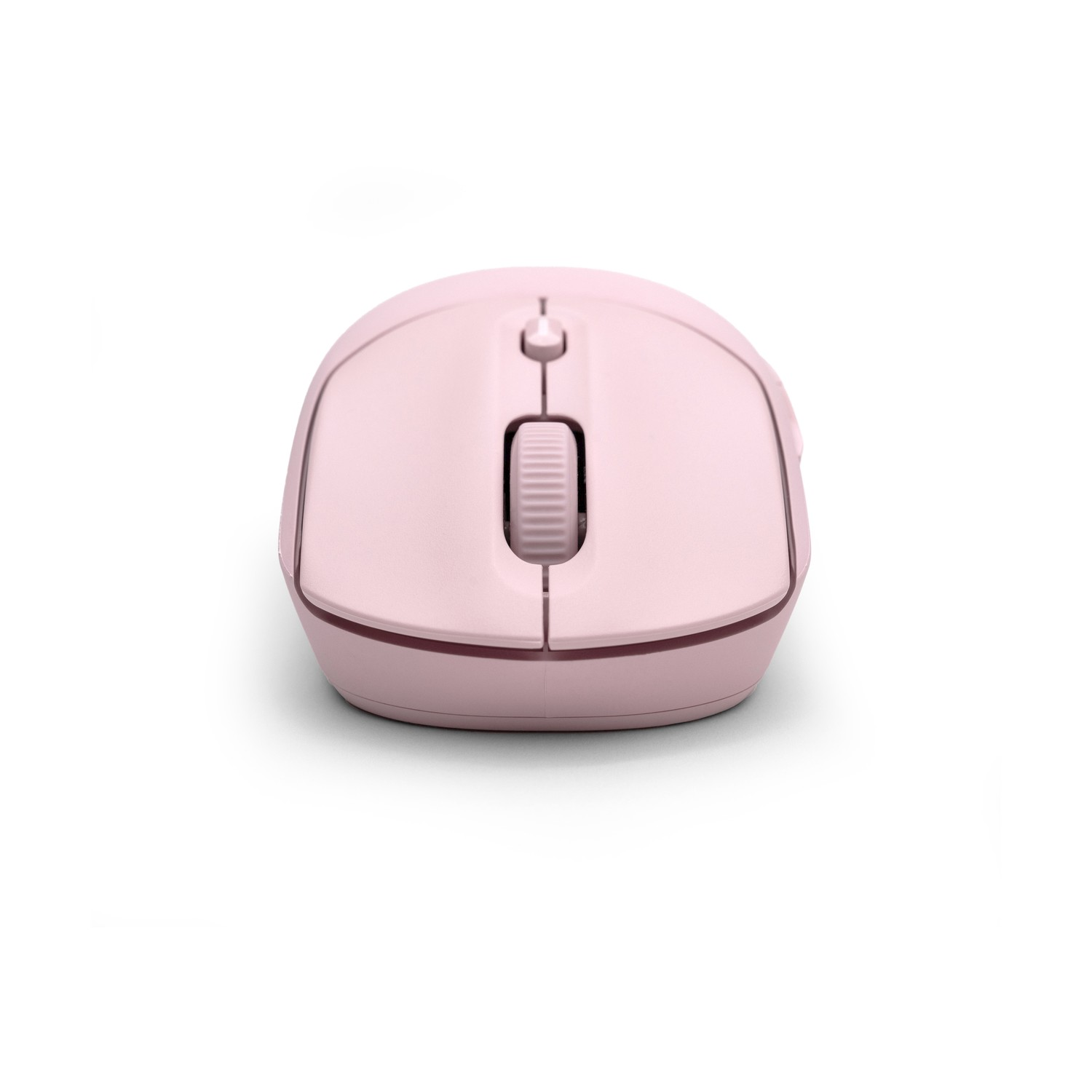 Un mouse rosa per computer è centrato su uno sfondo bianco. Ha una rotellina e due pulsanti.