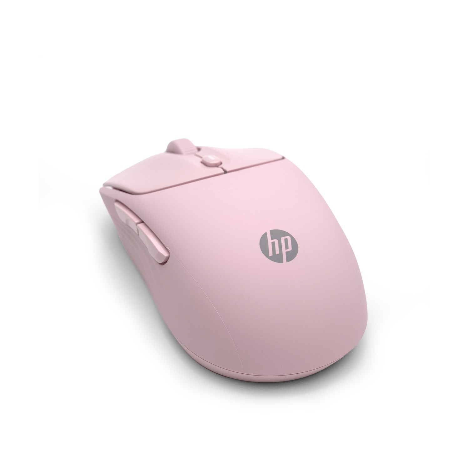 Un mouse wireless HP rosa su sfondo bianco. Il mouse ha pulsanti e un logo HP.