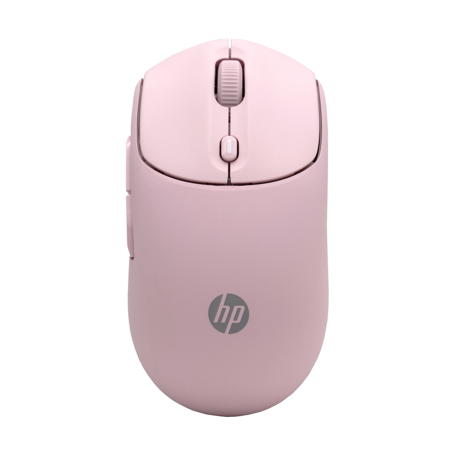 Un mouse wireless HP rosa chiaro. Ha una rotella di scorrimento e due pulsanti sulla parte superiore. Il logo HP è in basso.
