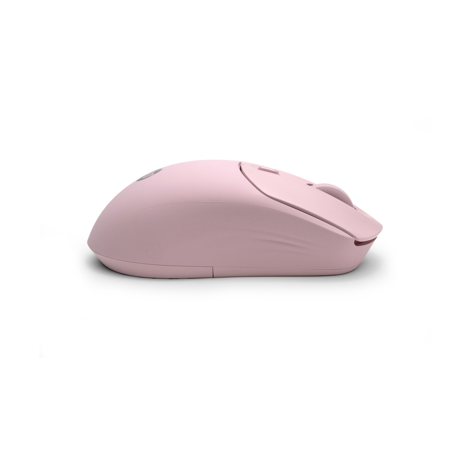 Un mouse rosa senza fili, visto lateralmente, su sfondo bianco. Ha una rotella e due pulsanti.