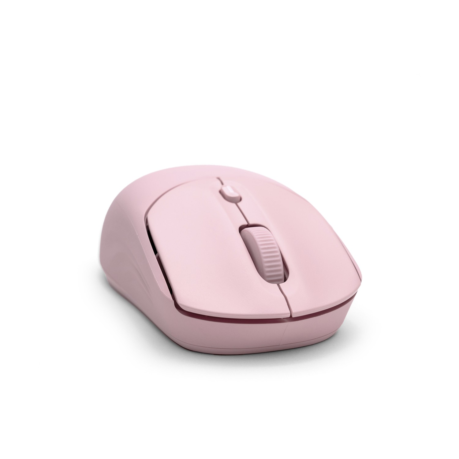 Un mouse per computer wireless rosa con rotella e pulsanti, isolato su sfondo bianco. Il mouse ha un'ombra.