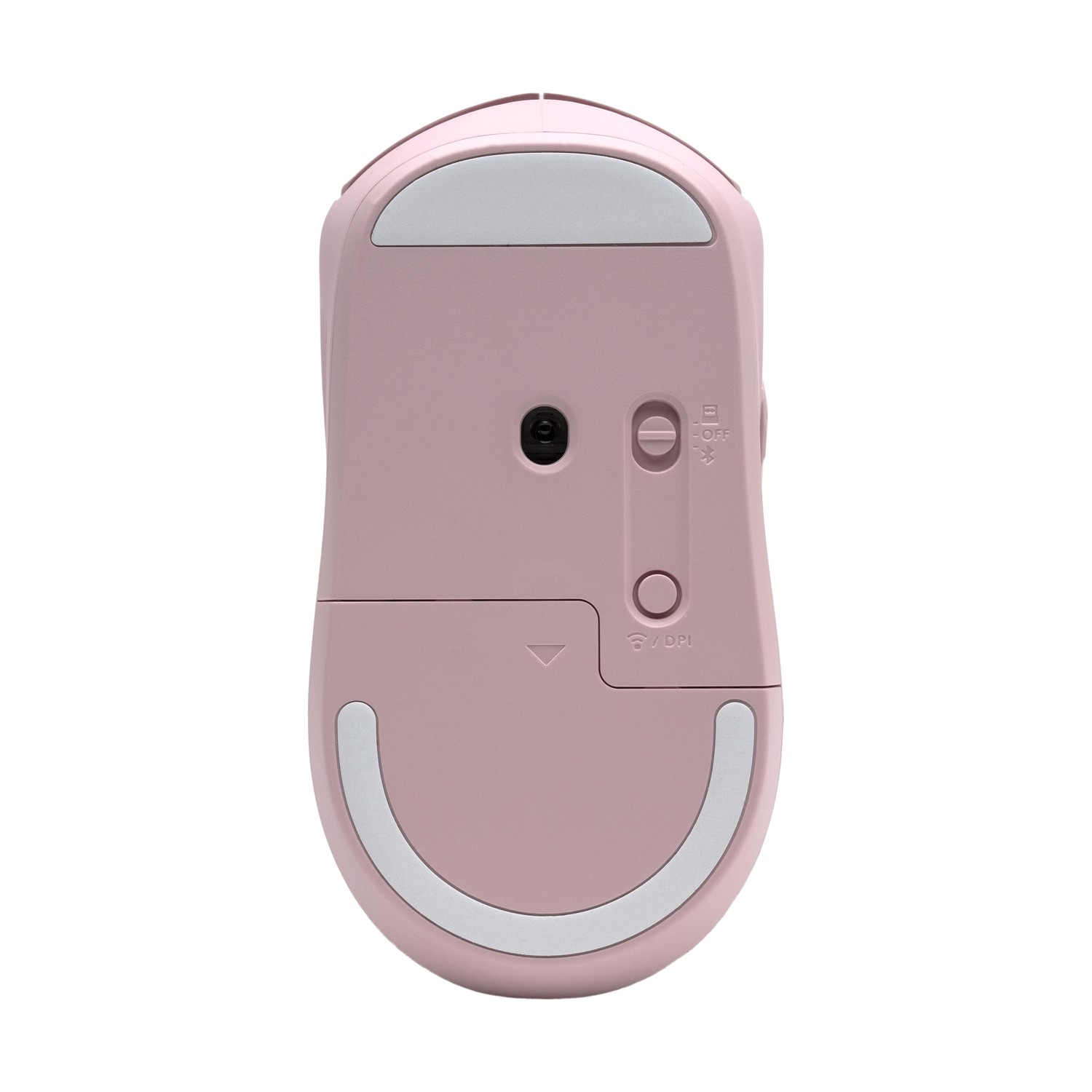 Vista inferiore di un mouse rosa con cuscinetti bianchi e un sensore nero. Ha un interruttore on/off e un pulsante DPI.