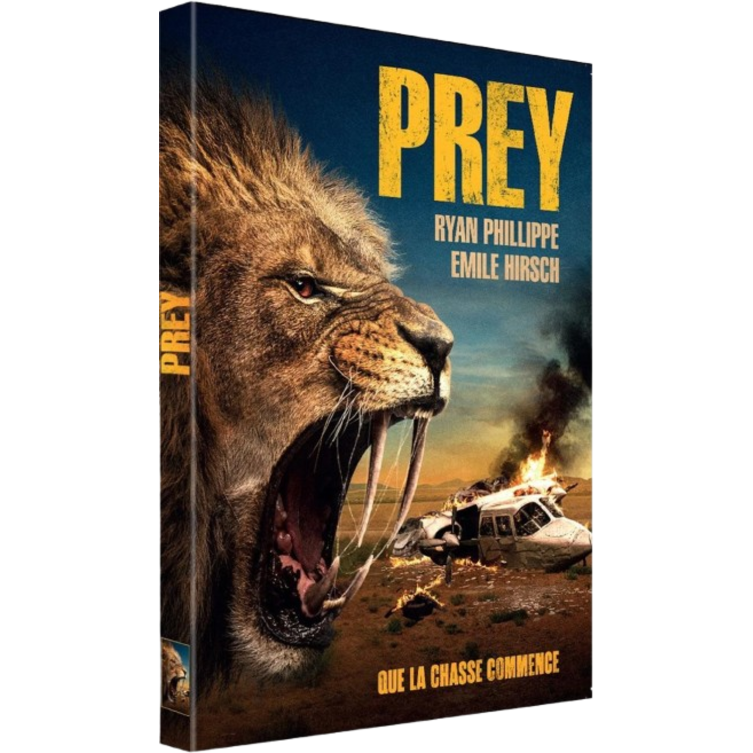 Filmposter. Een leeuw brult met een brandende helikopter op de achtergrond. Tekst: PREY. Ryan Phillippe, Emile Hirsch.