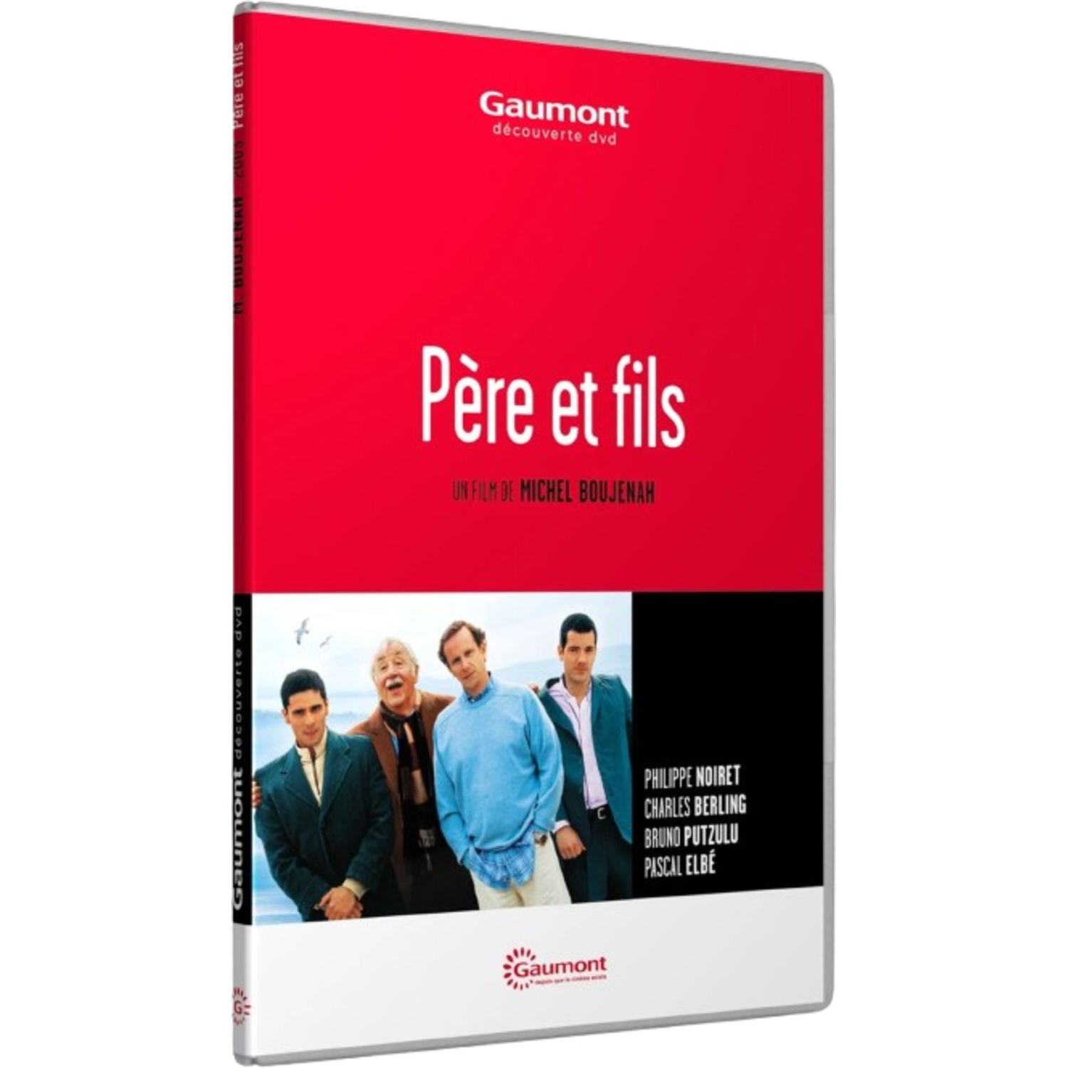 Couverture DVD de 'Père et fils'. Fond rouge avec titre et acteurs. Présente un groupe d'hommes.