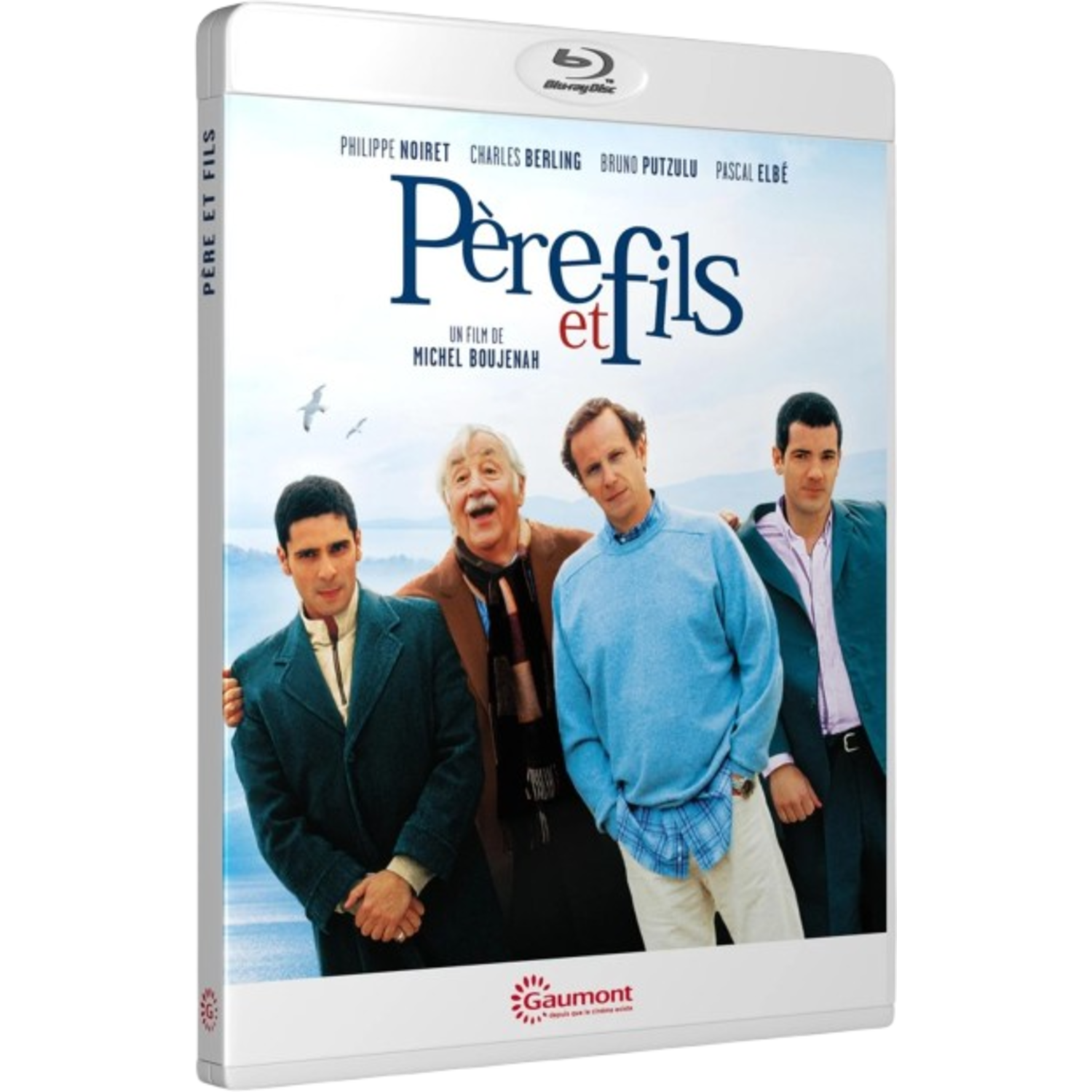 Couverture Blu-ray de 'Père et fils'. Quatre hommes debout, titre en grandes lettres. Logo Gaumont en bas.