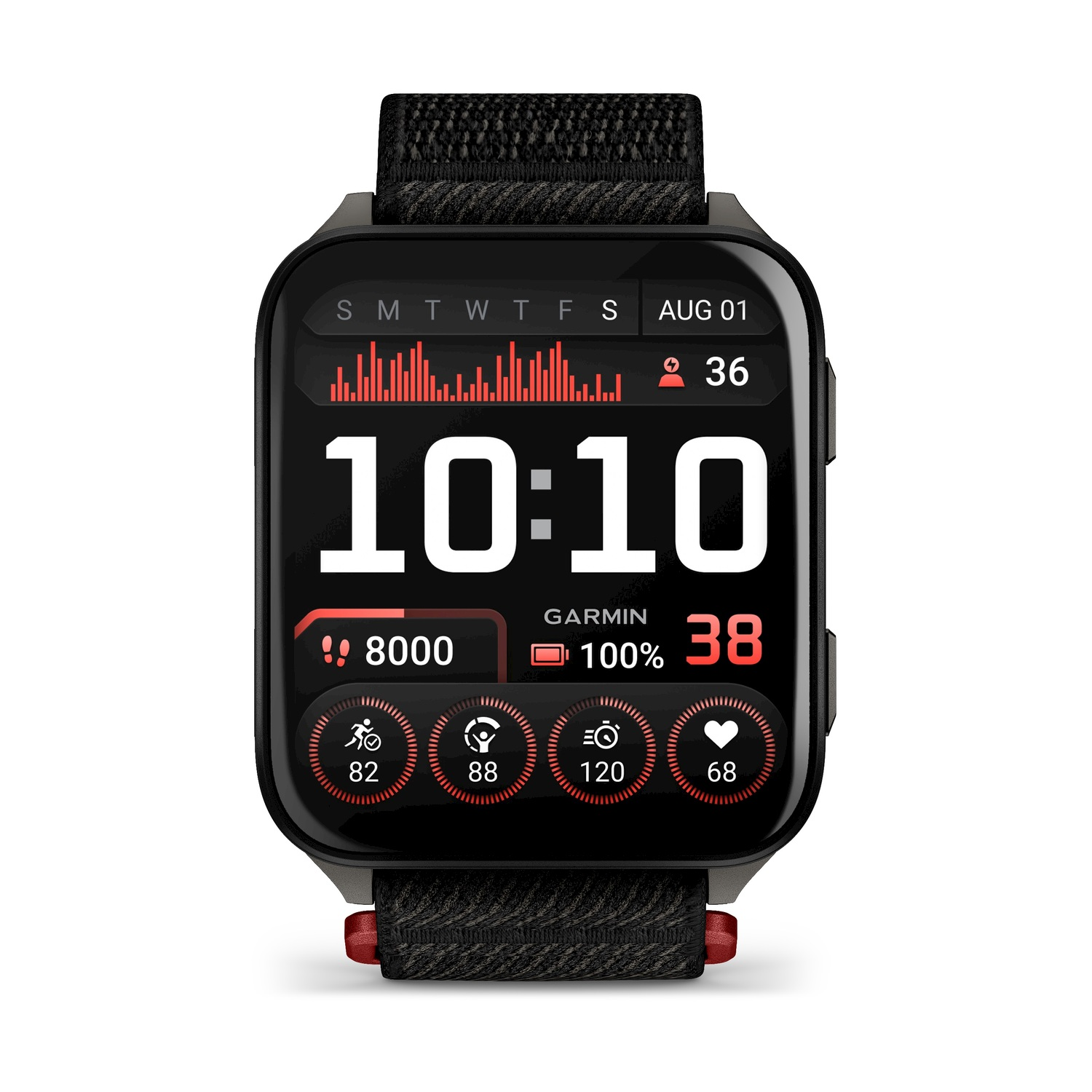Uno smartwatch Garmin nero mostra l'ora 10:10, 8000 passi, batteria 100% e dati fitness, inclusi battito cardiaco.
