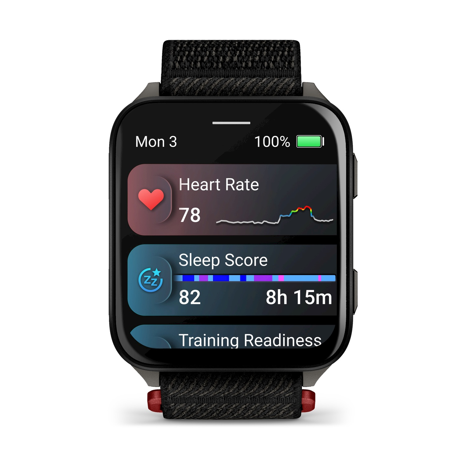 Uno smartwatch nero mostra dati sanitari: frequenza cardiaca, punteggio del sonno e preparazione all'allenamento. Mostra 78 bpm e 82 di sonno per 8h 15m.