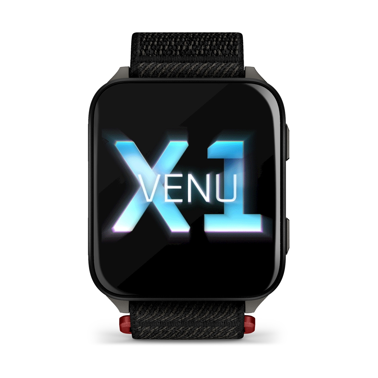 Uno smartwatch nero con cinturino in tessuto nero. Il quadrante mostra 'X1 VENU' in un carattere blu chiaro luminoso. Sfondo bianco.