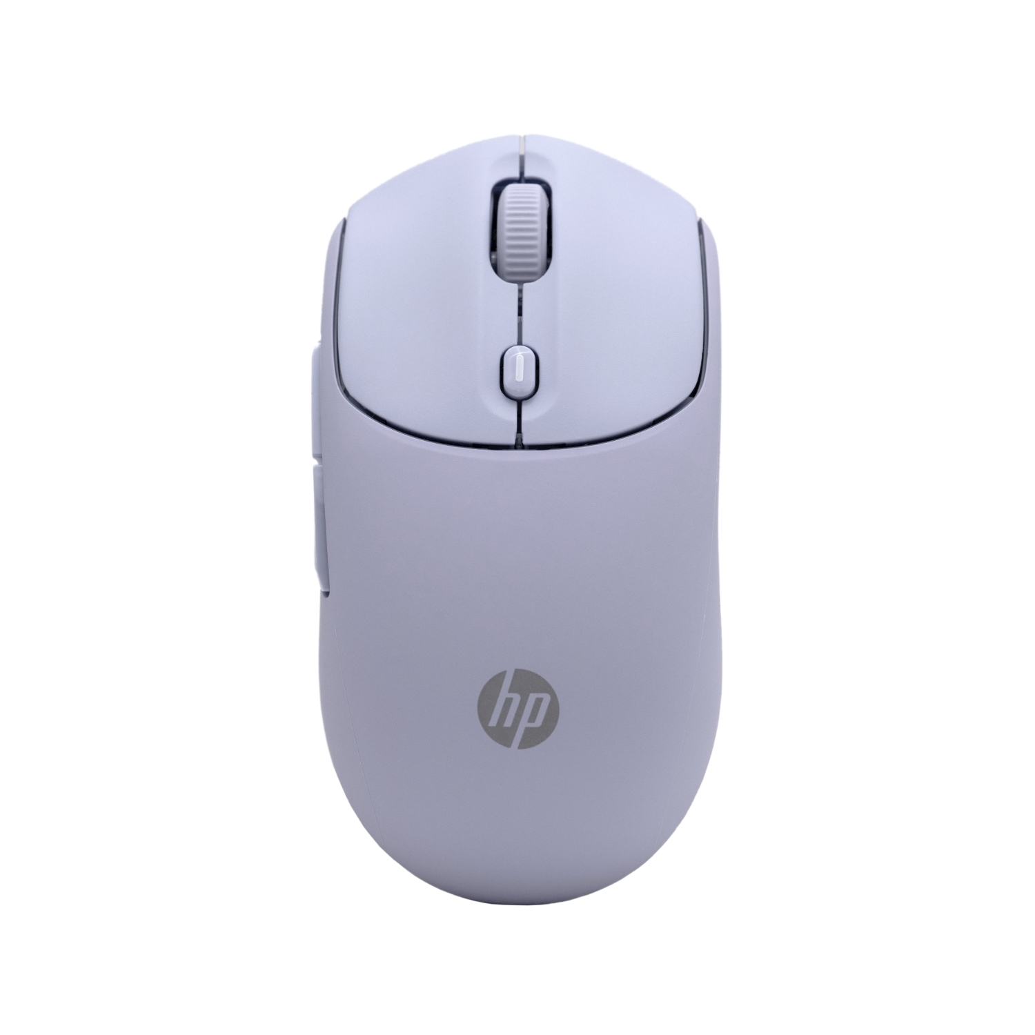 Un mouse wireless HP lilla chiaro. Ha una rotella, due pulsanti e il logo HP. Lo sfondo è bianco.