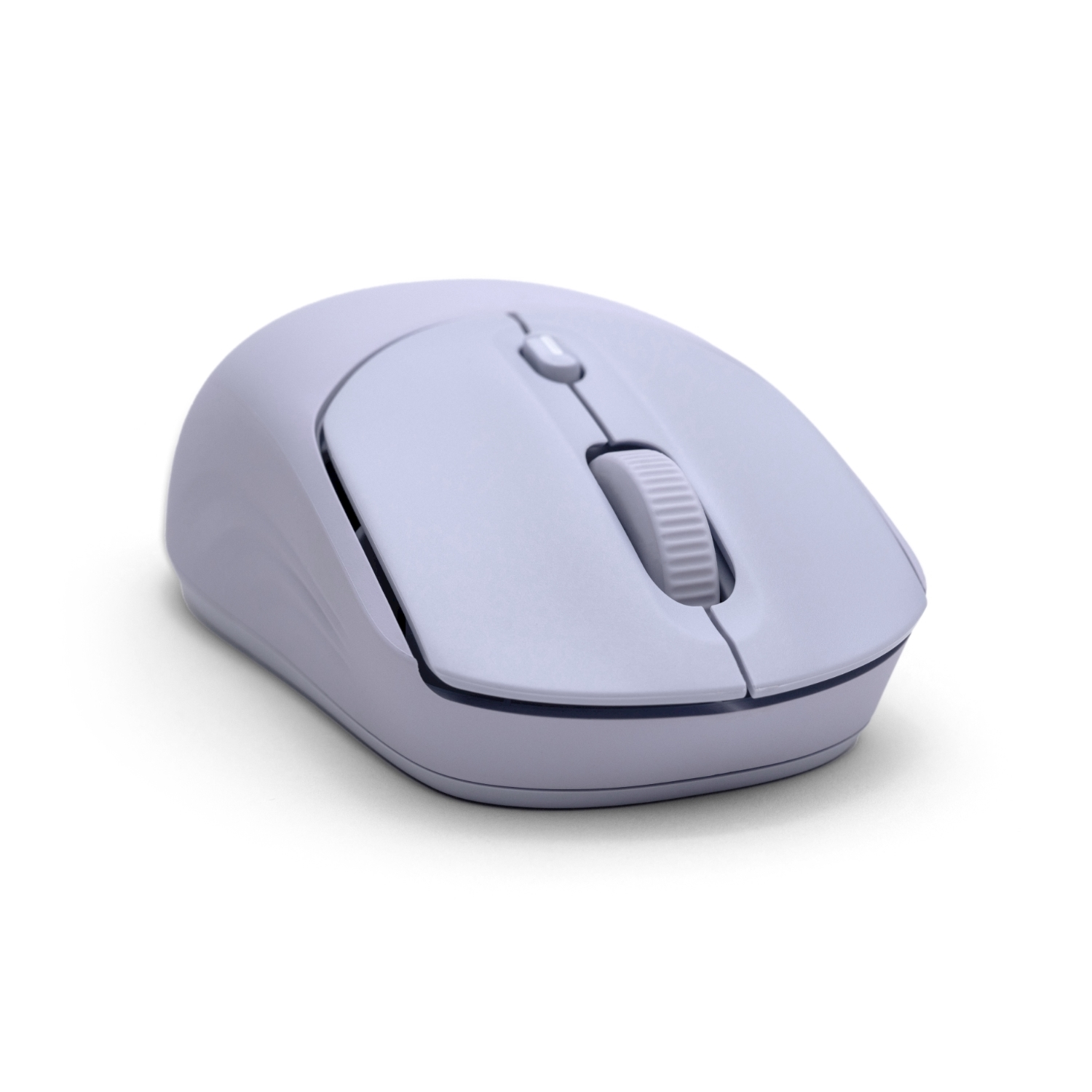 Un mouse per computer wireless viola chiaro. Ha una rotellina, due pulsanti e un piccolo pulsante in alto. Ombra presente.