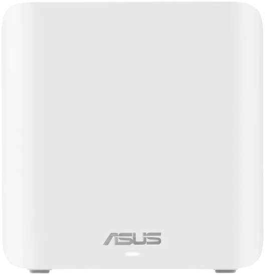 Fehér ASUS router. Lekerekített sarkai vannak, alul az ASUS ezüst logója. A logó alatt egy kis fény található.