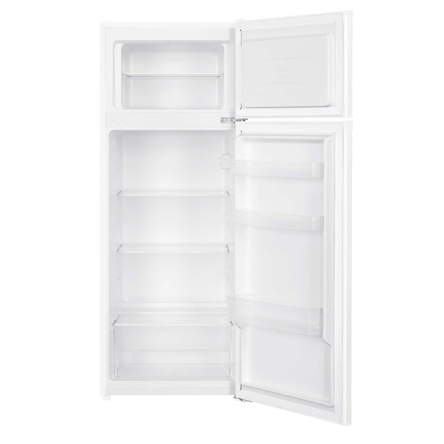 A white refrigerator with open doors. The top door is for the freezer and the bottom is for the fridge. Both are empty.