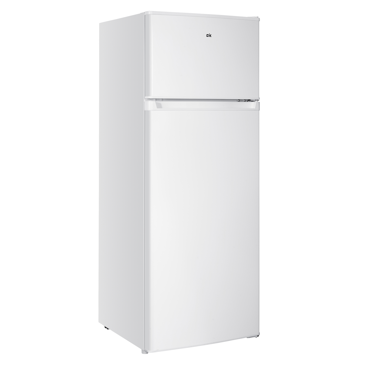 A white refrigerator stands against a white background. It has two sections, a freezer on top and a refrigerator below. The brand name is 'ok'.