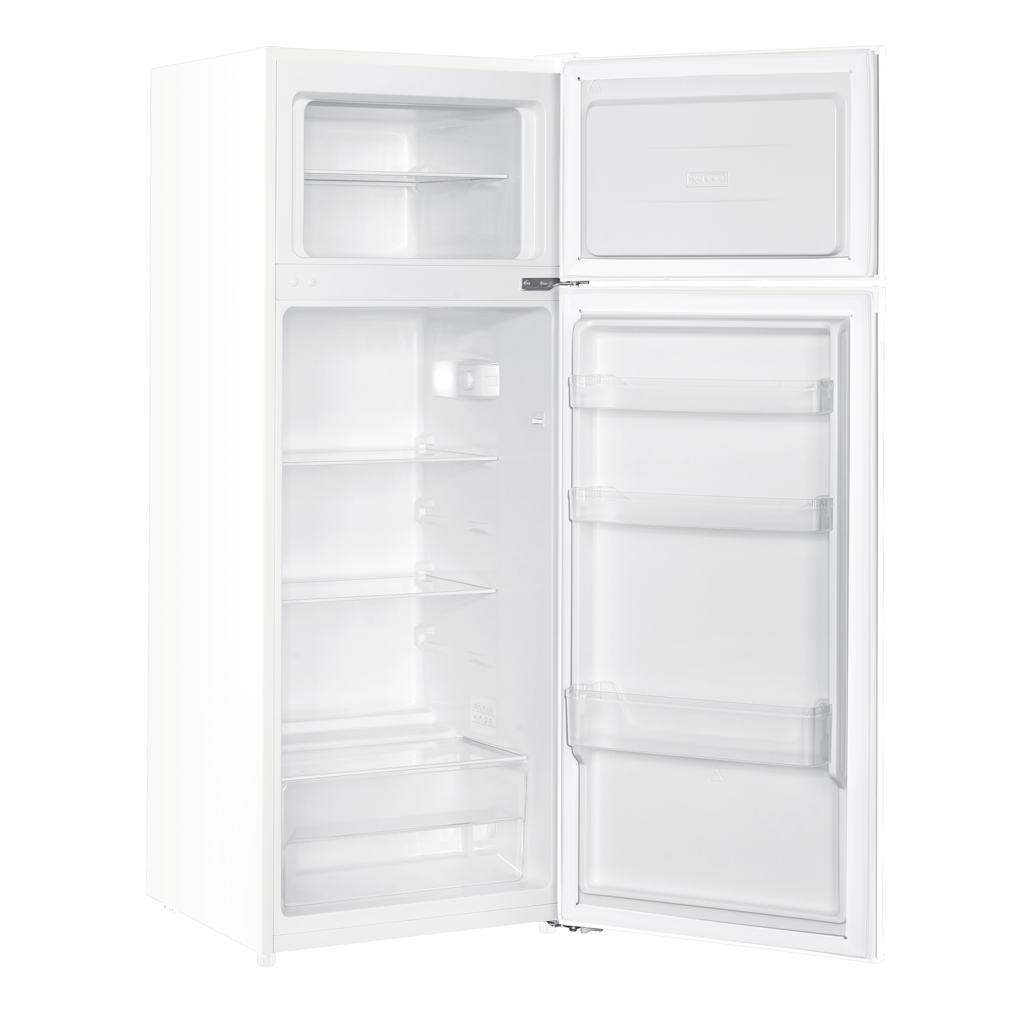 A white refrigerator with the doors open. The freezer is on top, and the refrigerator section has shelves and door compartments.