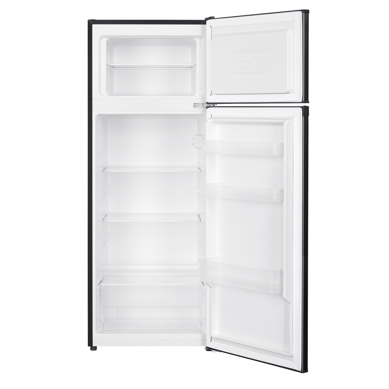 An open, empty black and white refrigerator. The door is open, revealing shelves and compartments.