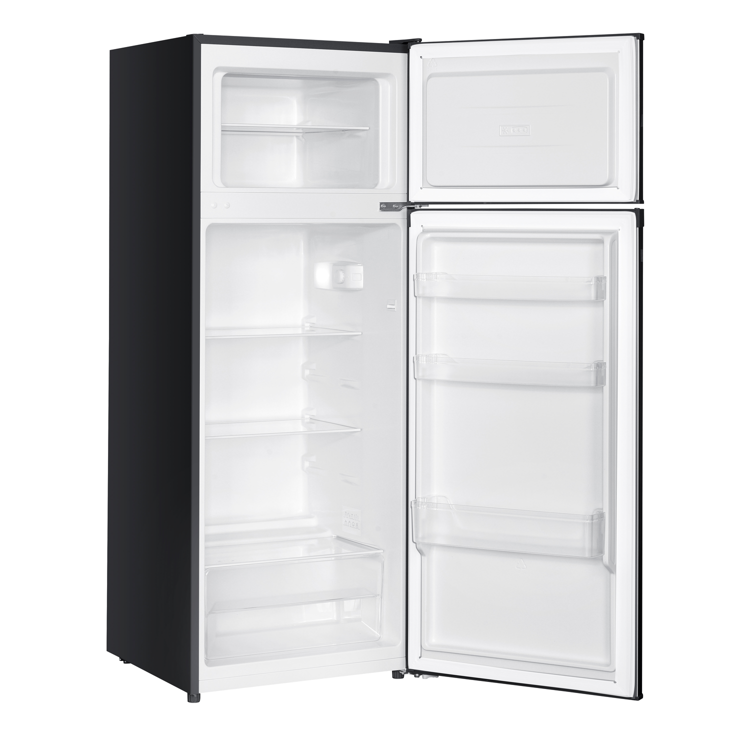 A black refrigerator with an open door. Inside, white shelves and compartments are visible. The top door is also open, showing the freezer.