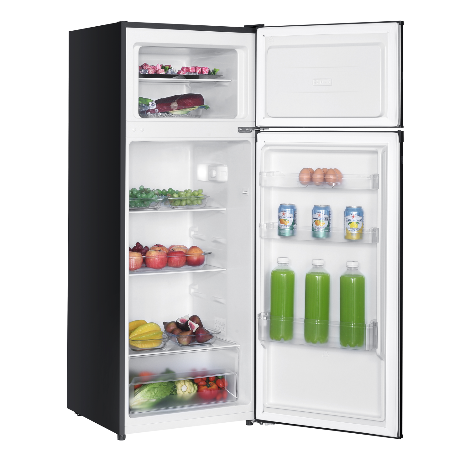 A black refrigerator is open, revealing food items like meat, fruits, vegetables, and drinks. The fridge is well-stocked and organized.