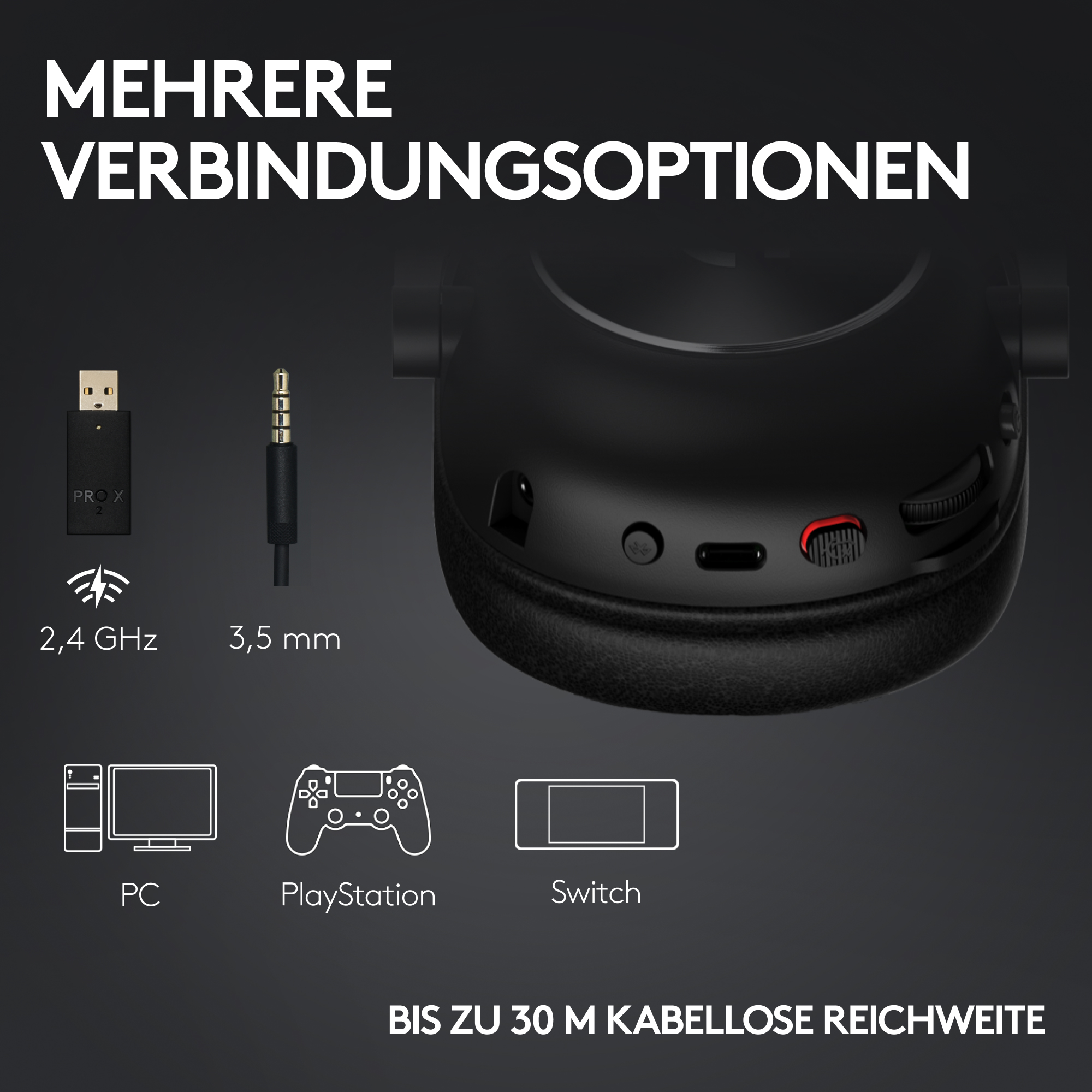 Bild zeigt ein schwarzes Headset mit Anschlussmöglichkeiten: USB, 3,5-mm-Klinke und Icons für PC, PlayStation und Switch.