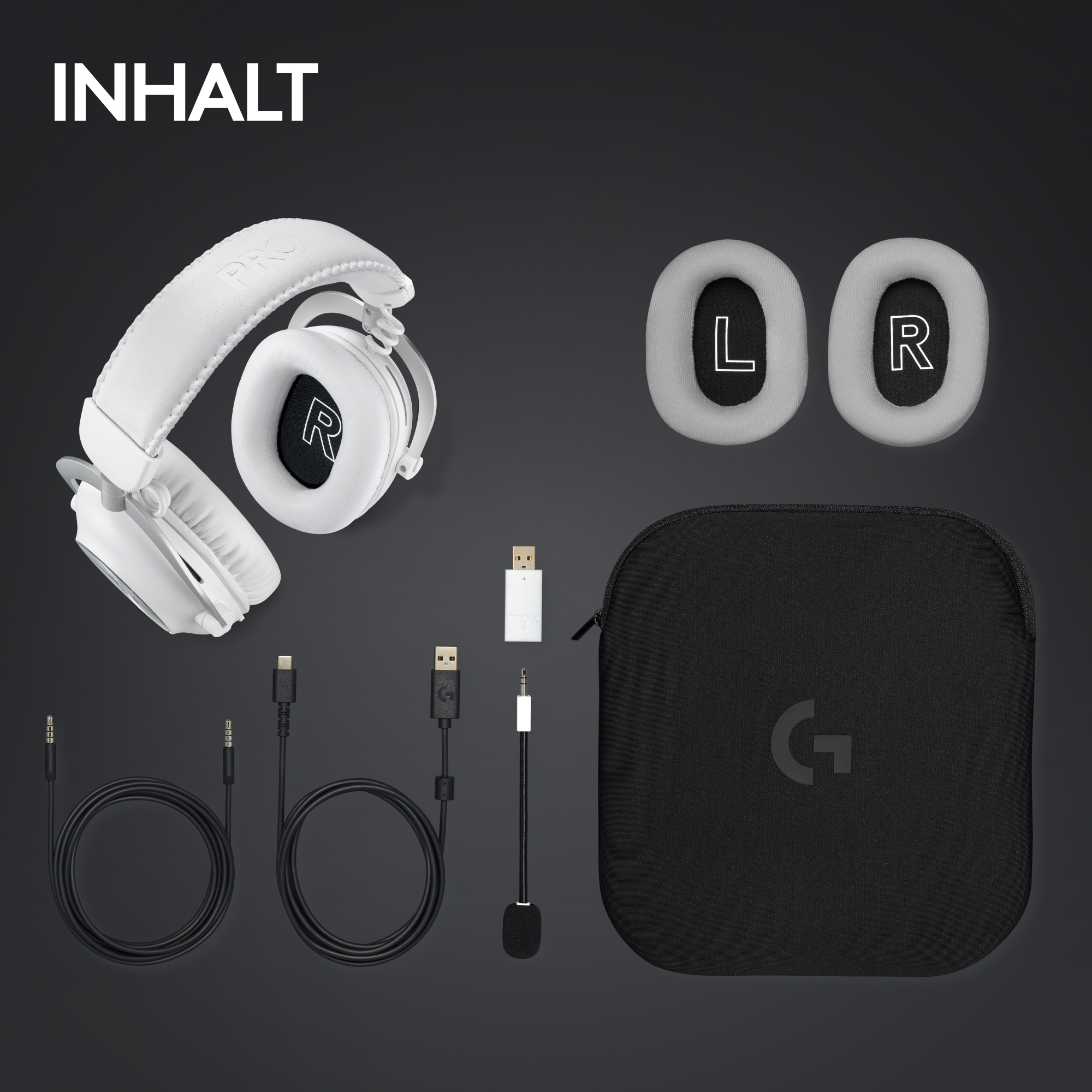 Weißes Headset, Ohrpolster und Zubehör auf Grau. Enthält Kabel, Etui und USB-Dongle. Das Wort INHALT steht oben.