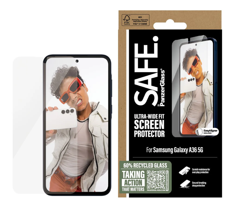 Eine Handy-Displayschutzbox. Eine Person mit roter Sonnenbrille hält ein Handy. Die Box sagt Displayschutz für Galaxy A36 5G.
