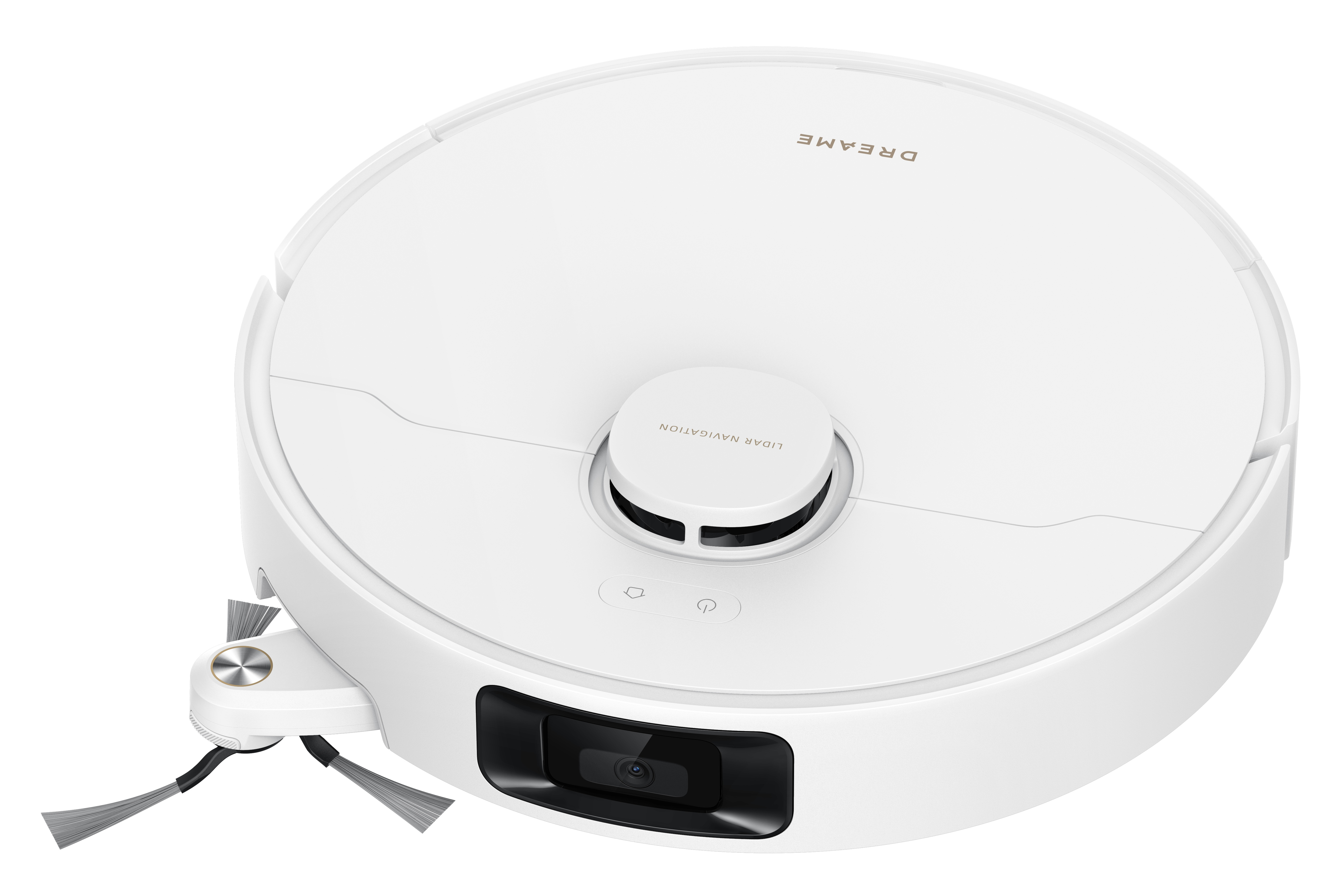 Biały robot odkurzający o okrągłym kształcie. Posiada czarną kamerę i szczotki. Marka to DREAM.
