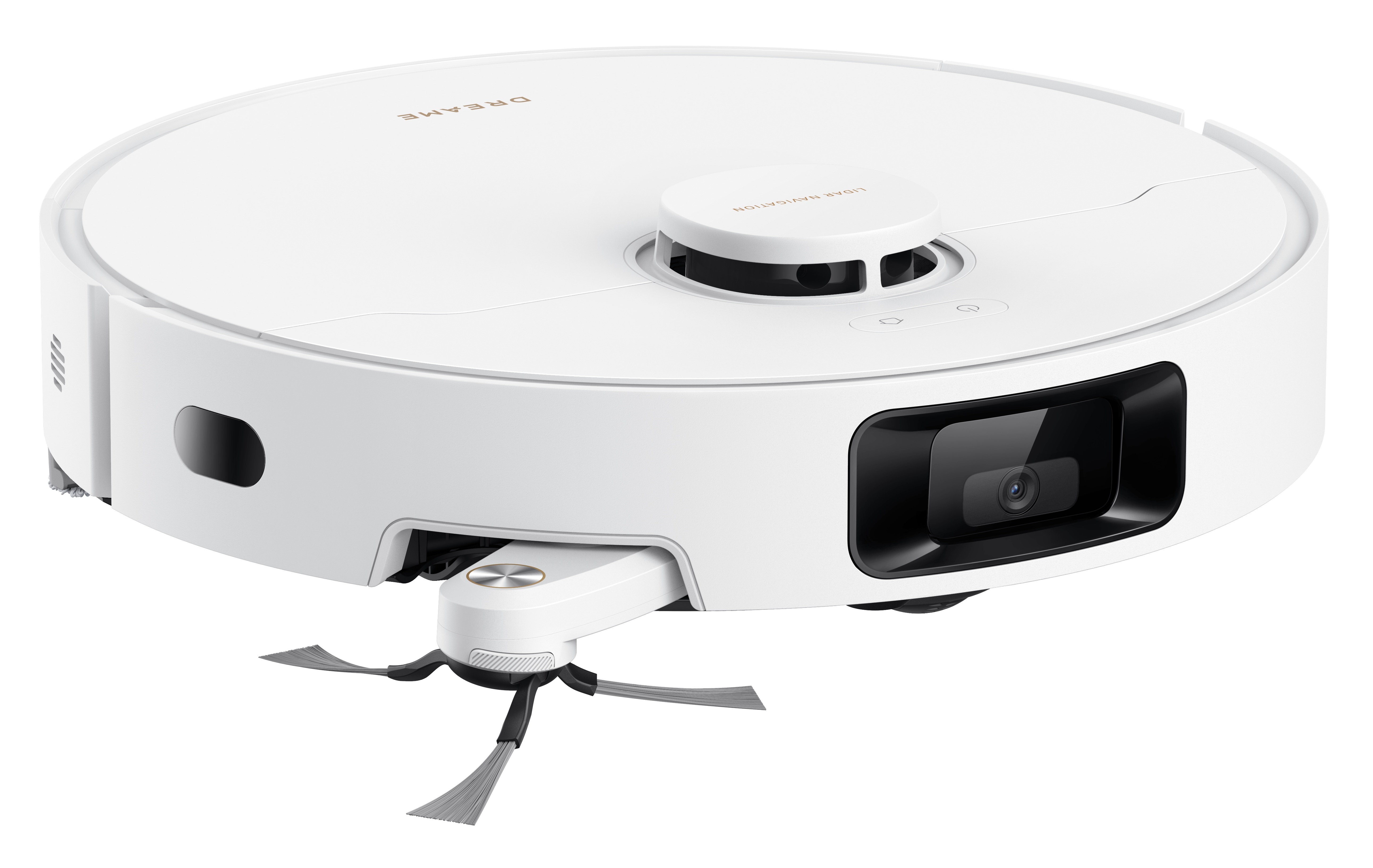 Biały robot odkurzający. Ma okrągły kształt z czarną kamerą i szczotkami. Marka jest widoczna.