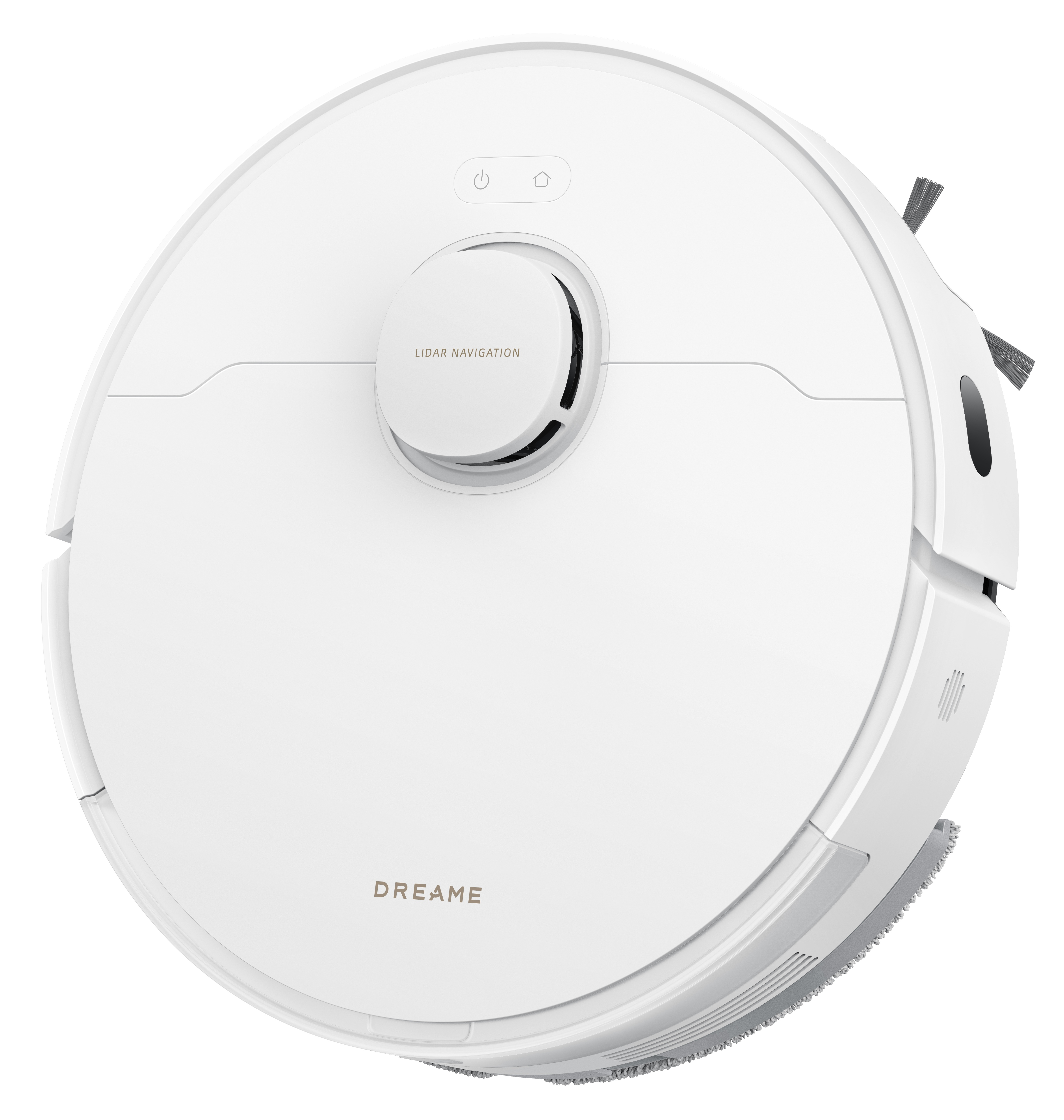 Biały, okrągły odkurzacz robot Dreame. Ma dwa przyciski, czujnik lidar i szczotkę boczną.