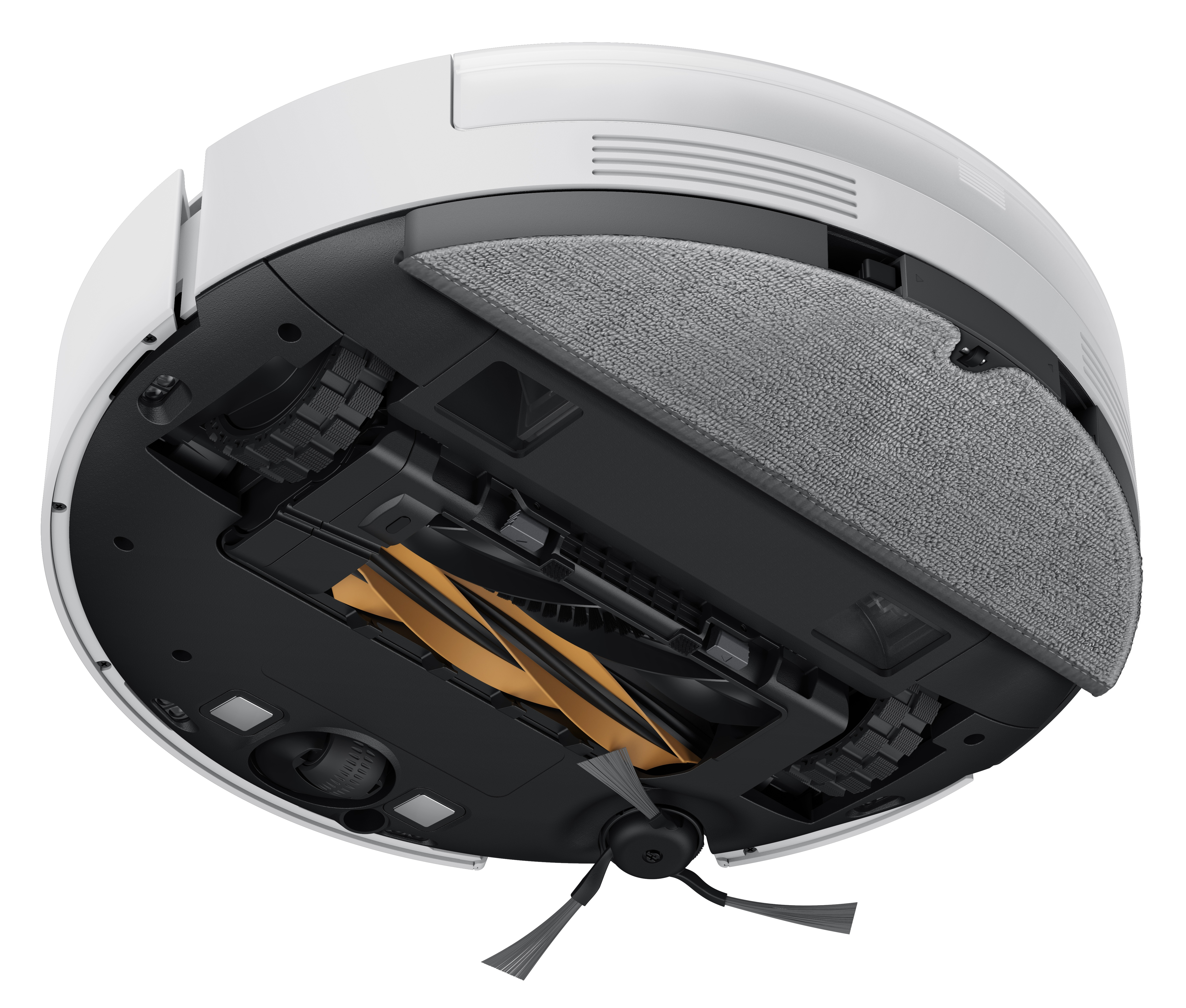 Odwrócony widok robota odkurzającego, pokazujący jego spód ze szczotkami, kołami i nakładką czyszczącą.