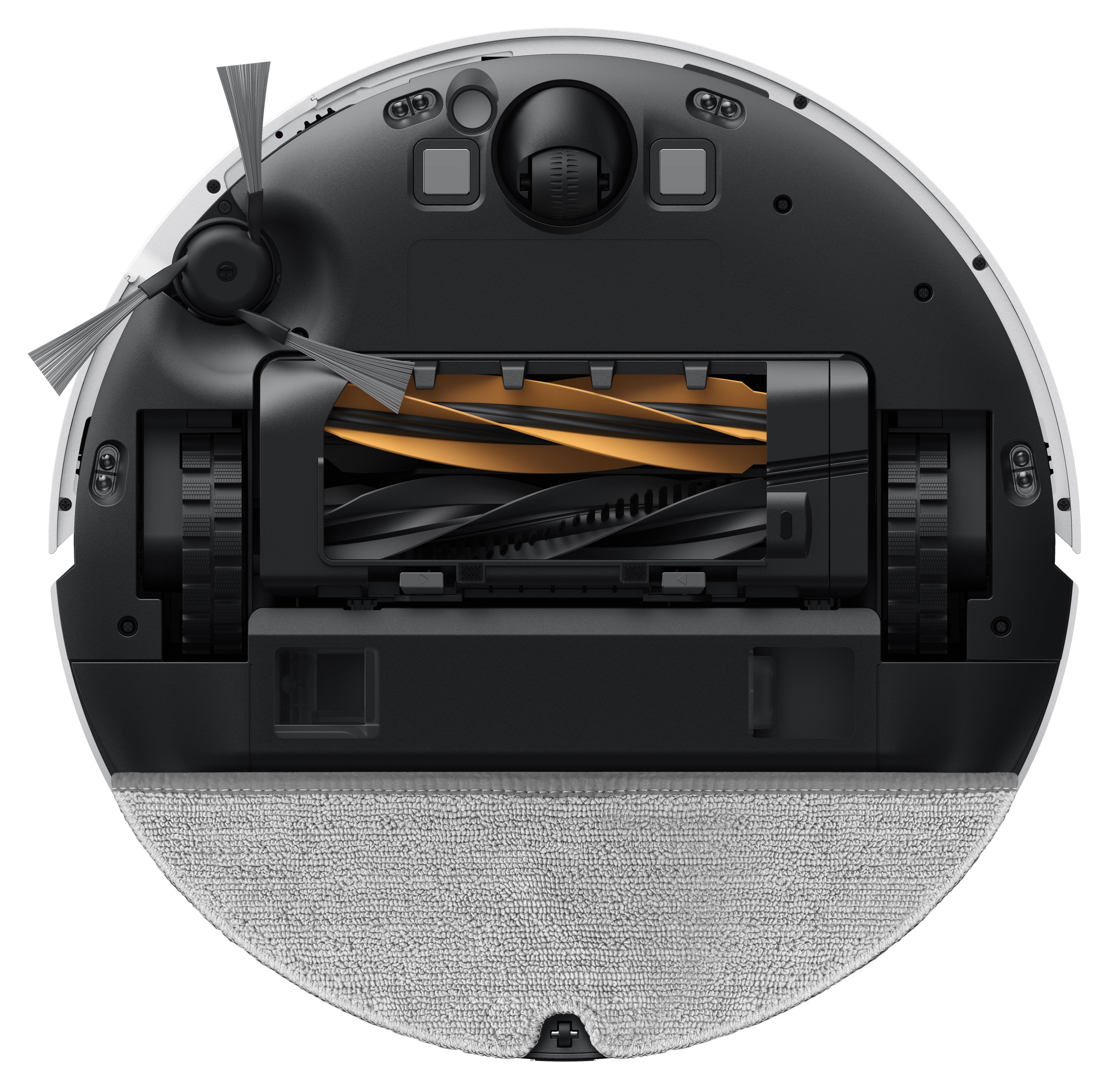 Robot sprzątający, widok z góry. Ma szczotki, koła i głowicę czyszczącą. Nakładka jest jasnoszara.