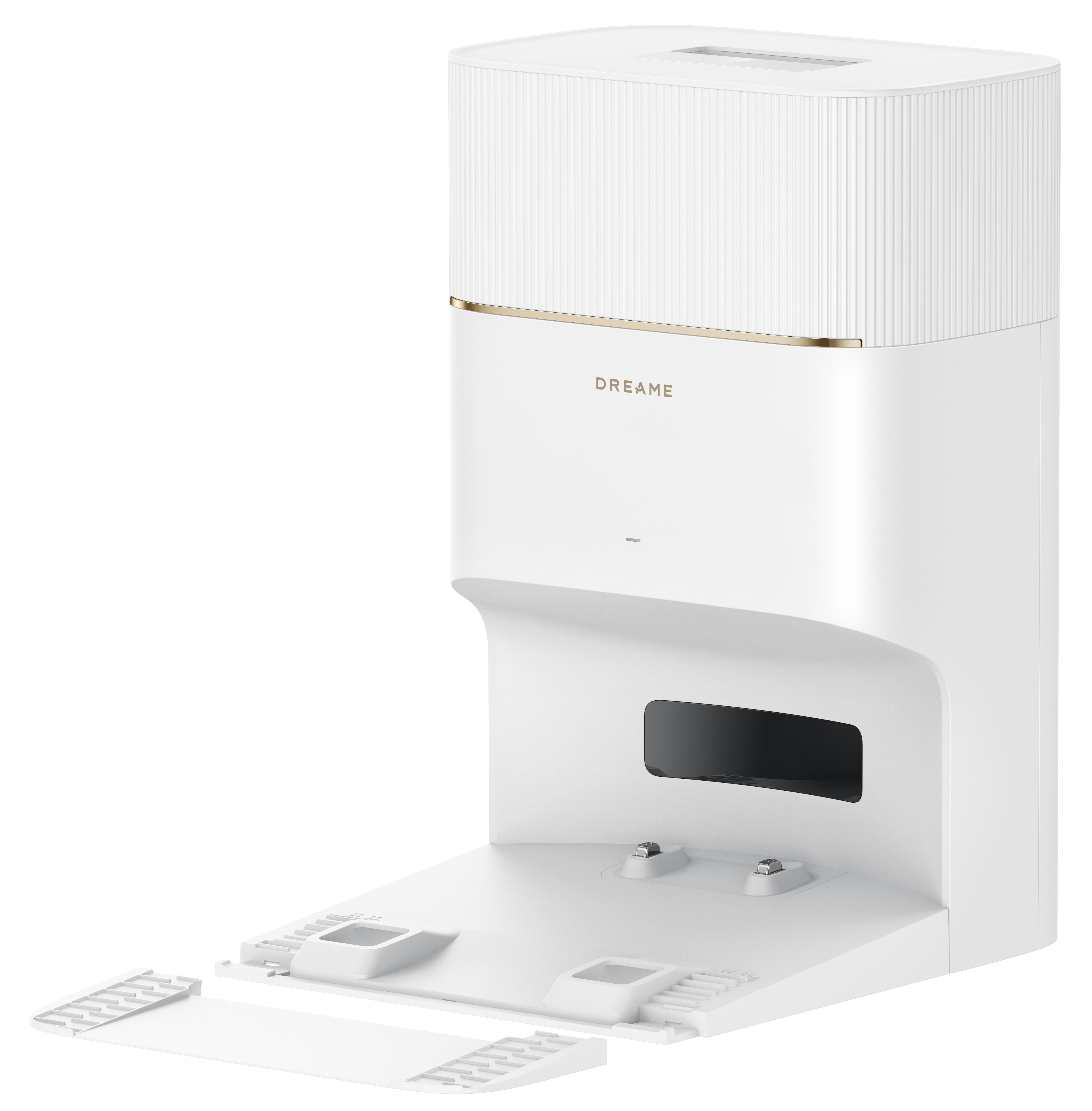Biała stacja bazowa robota sprzątającego Dreame. Ma złote wykończenie i otwarty dostęp do głowicy czyszczącej.