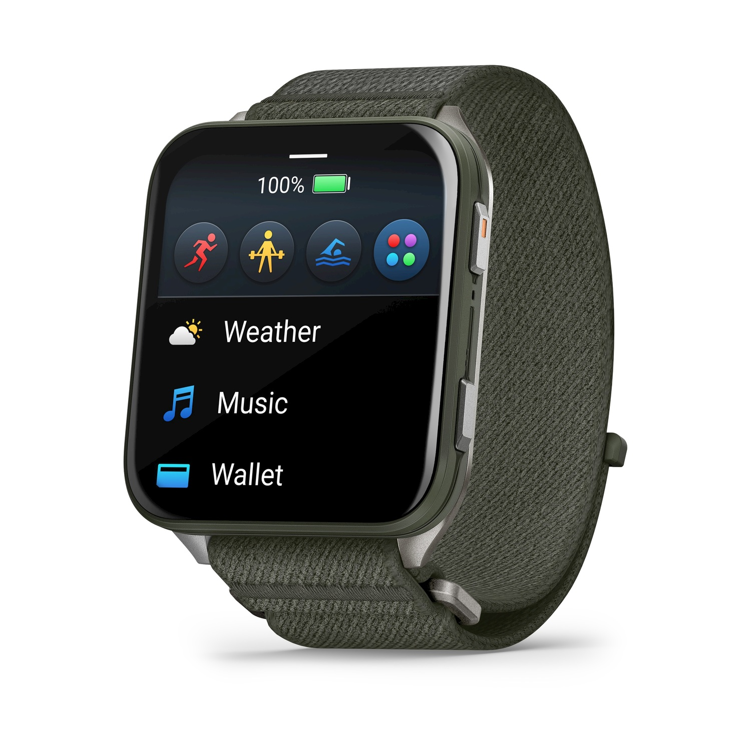 Uno smartwatch mostra icone per corsa, esercizi, nuoto e altro. Ha un cinturino in tessuto verde. Lo schermo mostra la batteria al 100%.
