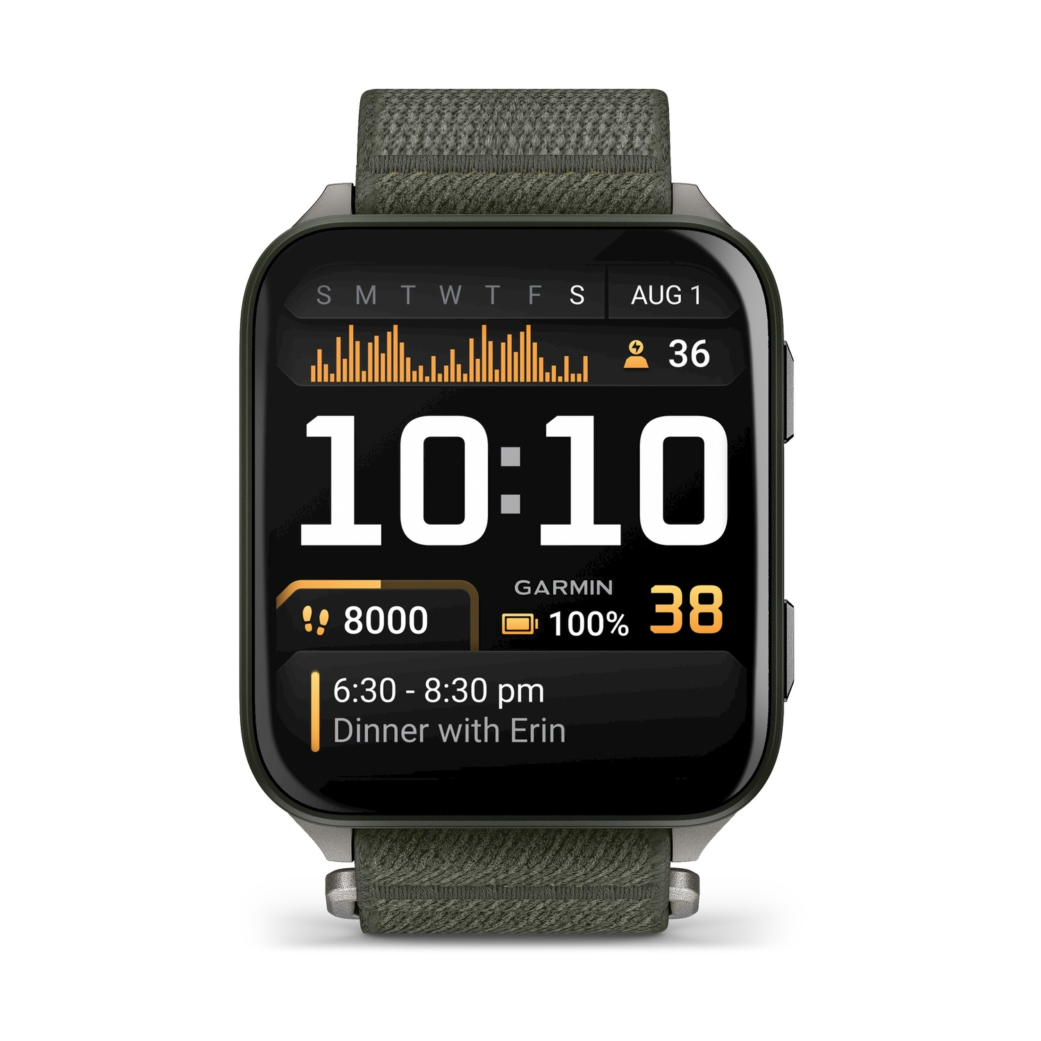 Uno smartwatch Garmin mostra 10:10, 36, 100%, 8000 e un evento cena. Cinturino verde oliva. Sfondo bianco.