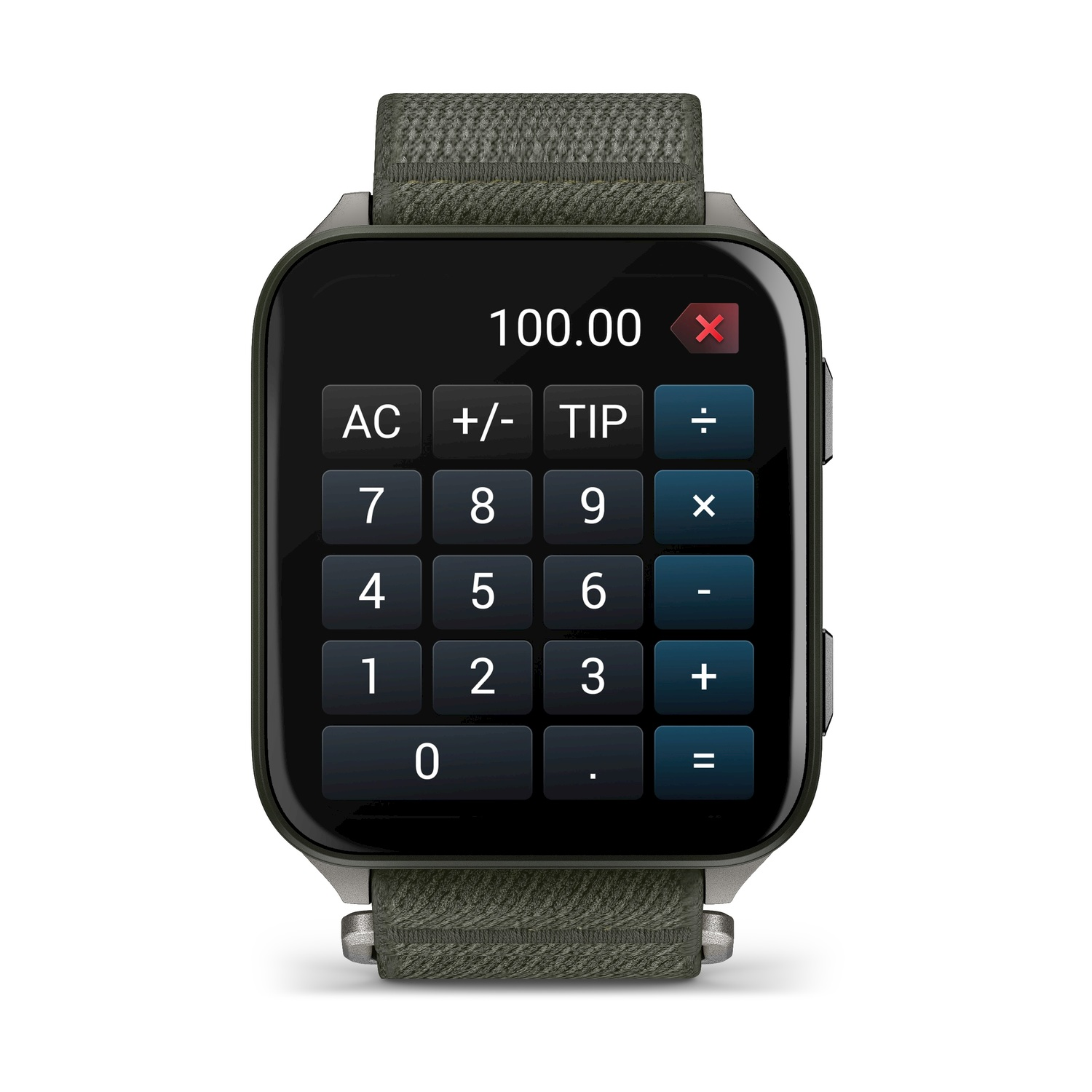 Uno smartwatch mostra una calcolatrice con il numero 100.00. I pulsanti includono AC, +/-, numeri 0-9 e simboli aritmetici.