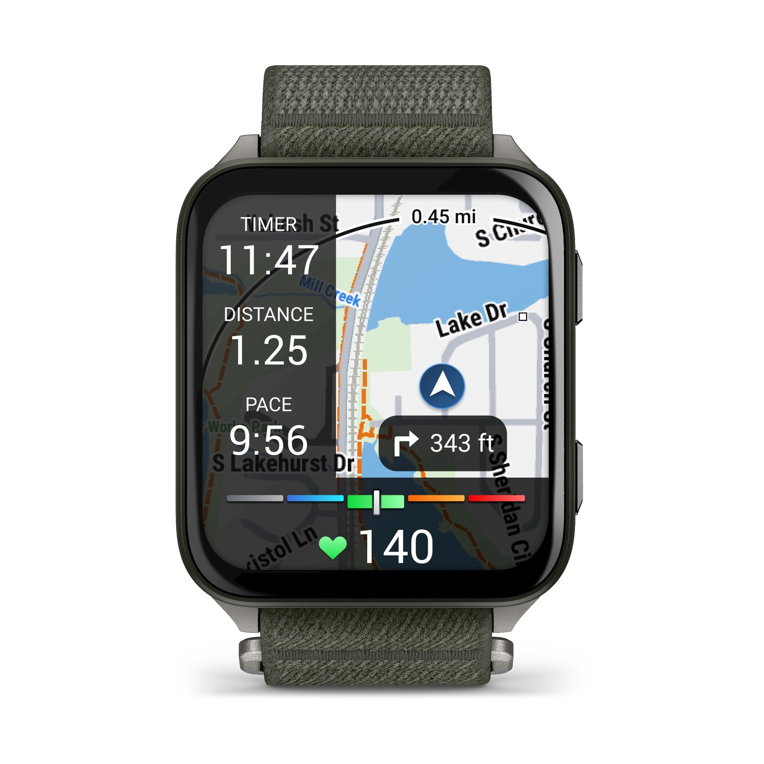 Uno smartwatch mostra i dati di corsa: tempo, distanza, passo e frequenza cardiaca. Una mappa mostra il percorso, con i nomi delle strade e un indicatore di distanza.