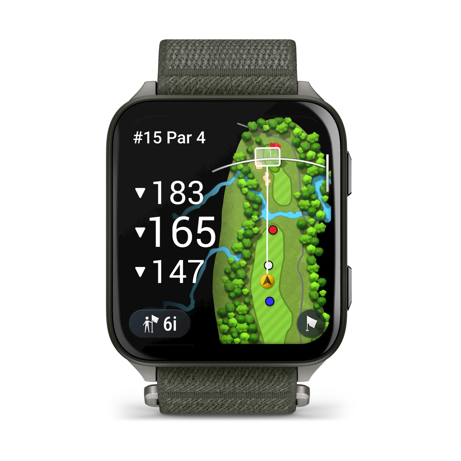 Uno smartwatch mostra una mappa del campo da golf. Mostra distanze, una bandiera e un'area verde. L'orologio ha un cinturino verde e uno schermo nero.