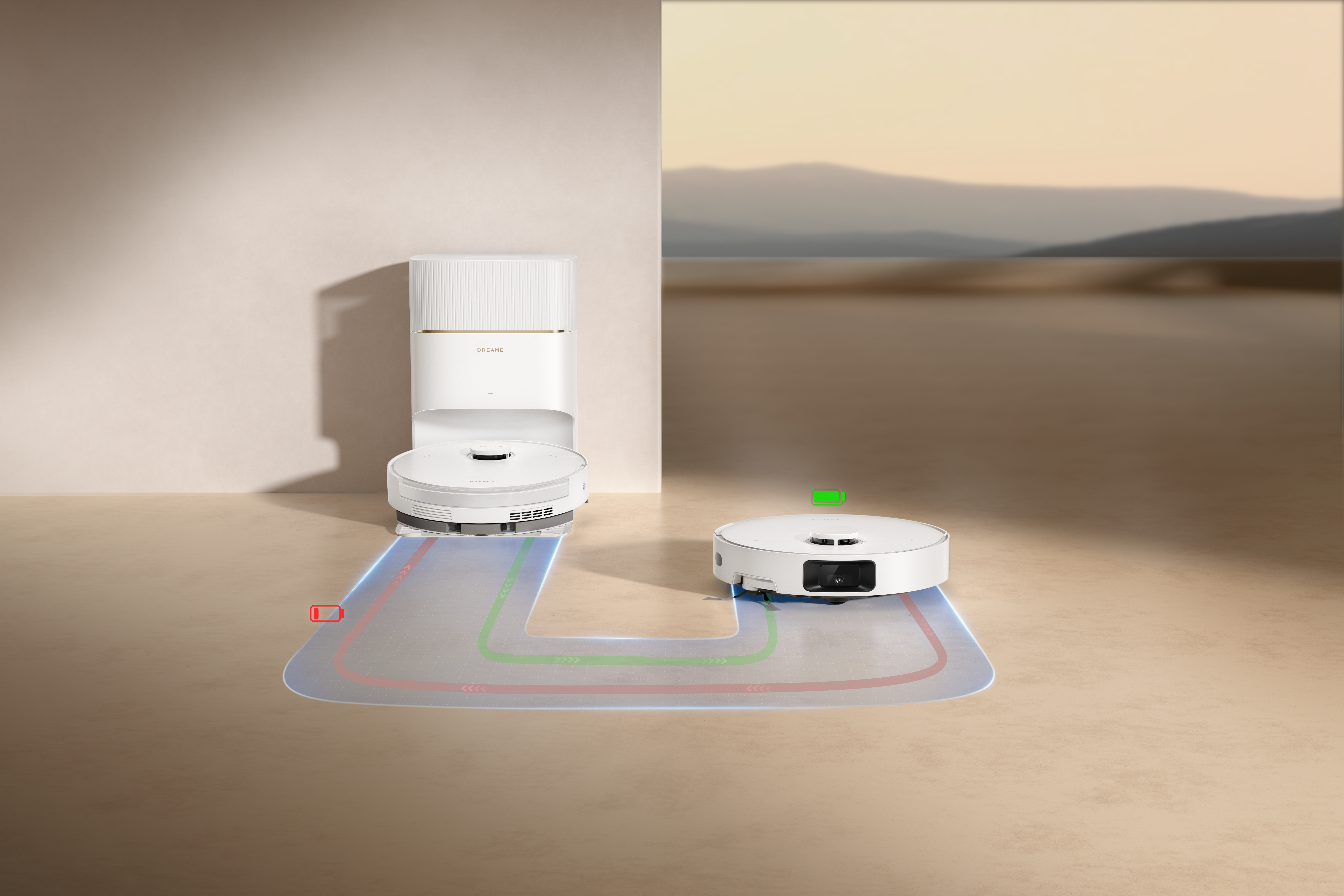 Dwa odkurzacze roboty, jeden zadokowany, drugi na ścieżce. Tło: malowniczy widok na góry i zbiornik wodny.