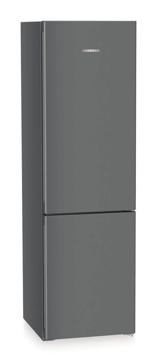 Ein grauer Kühlschrank mit der Marke 'LIEBHERR'. Er hat zwei Türen, eine obere und eine untere. Der Hintergrund ist weiß.