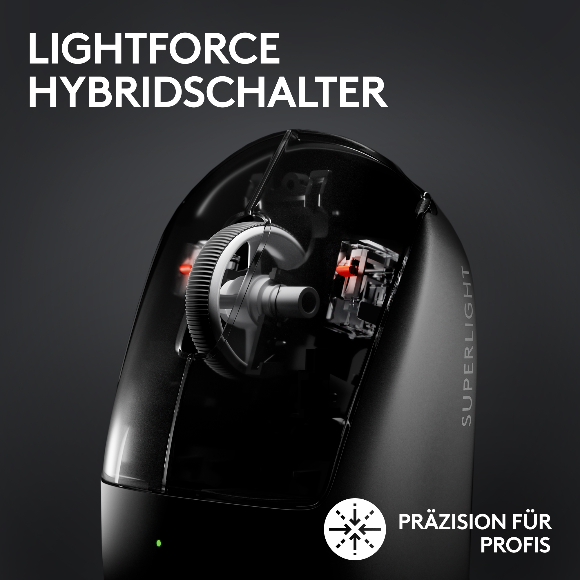 Schwarze Gaming-Maus mit durchsichtigen Teilen, die interne Zahnräder und rote Lichter zeigen. Text: 'LIGHTFORCE HYBRIDSCHALTER'.