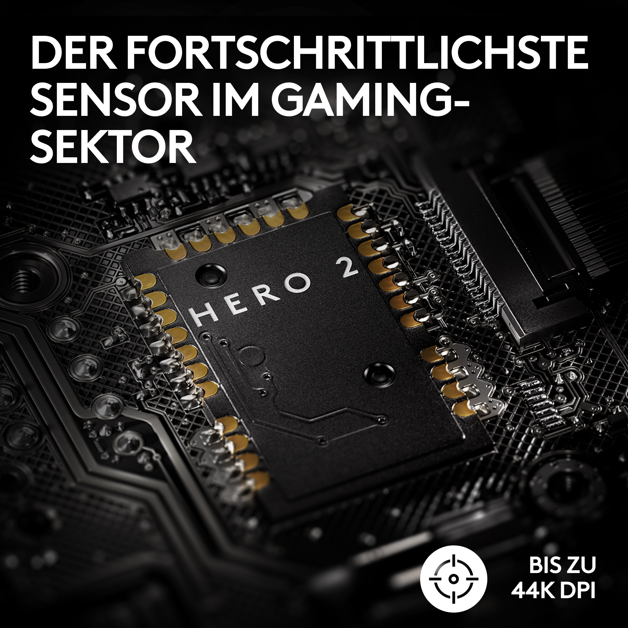 Nahaufnahme einer schwarzen Platine mit dem Text "HERO 2". Goldene Anschlüsse sind sichtbar. Oben steht "SENSOR IM GAMING-SEKTOR".