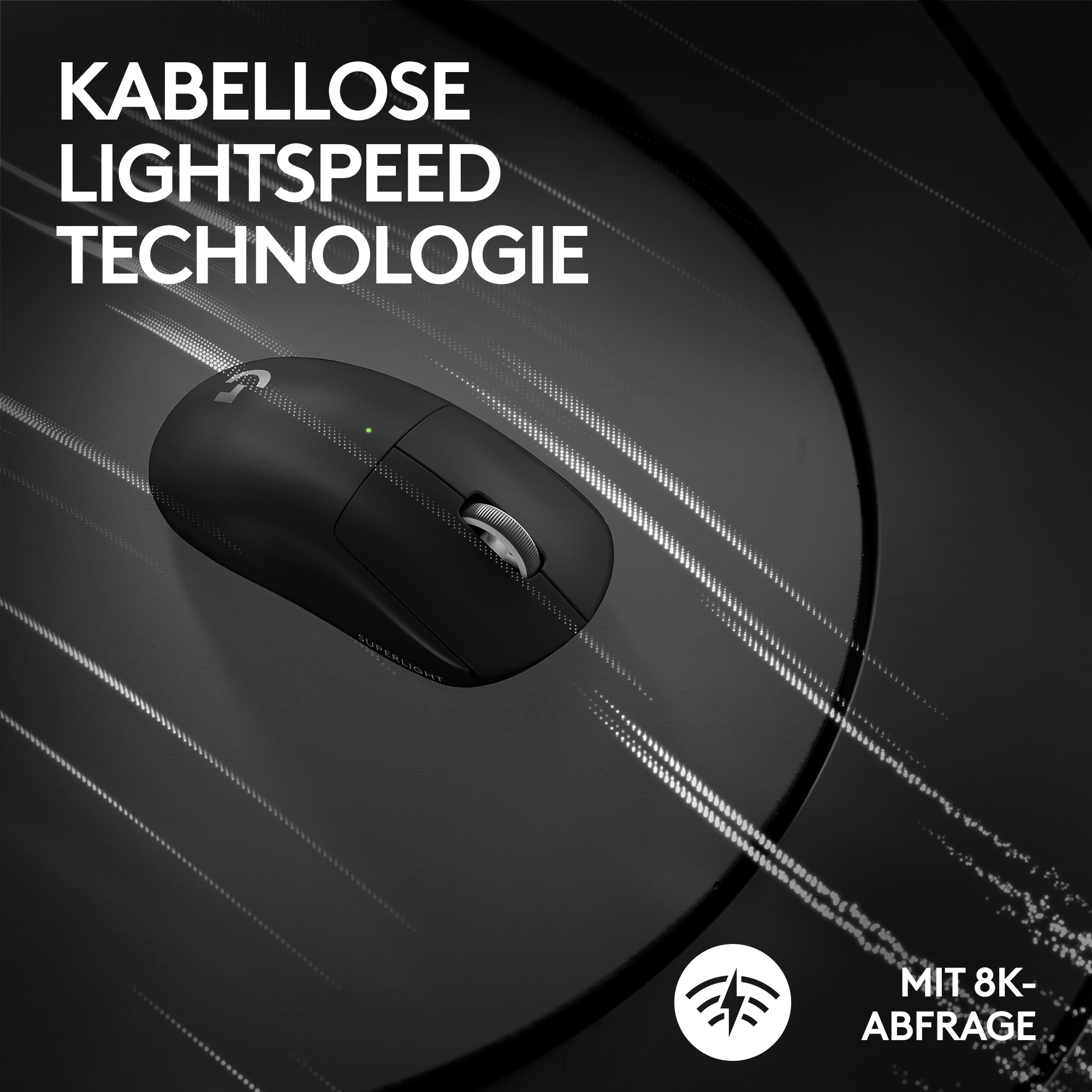 Schwarze drahtlose Maus mit silbernem Scrollrad, weißem Text 'KABELLOSE LIGHTSPEED TECHNOLOGIE' und Logo mit 'MIT 8K-ABFRAGE'.