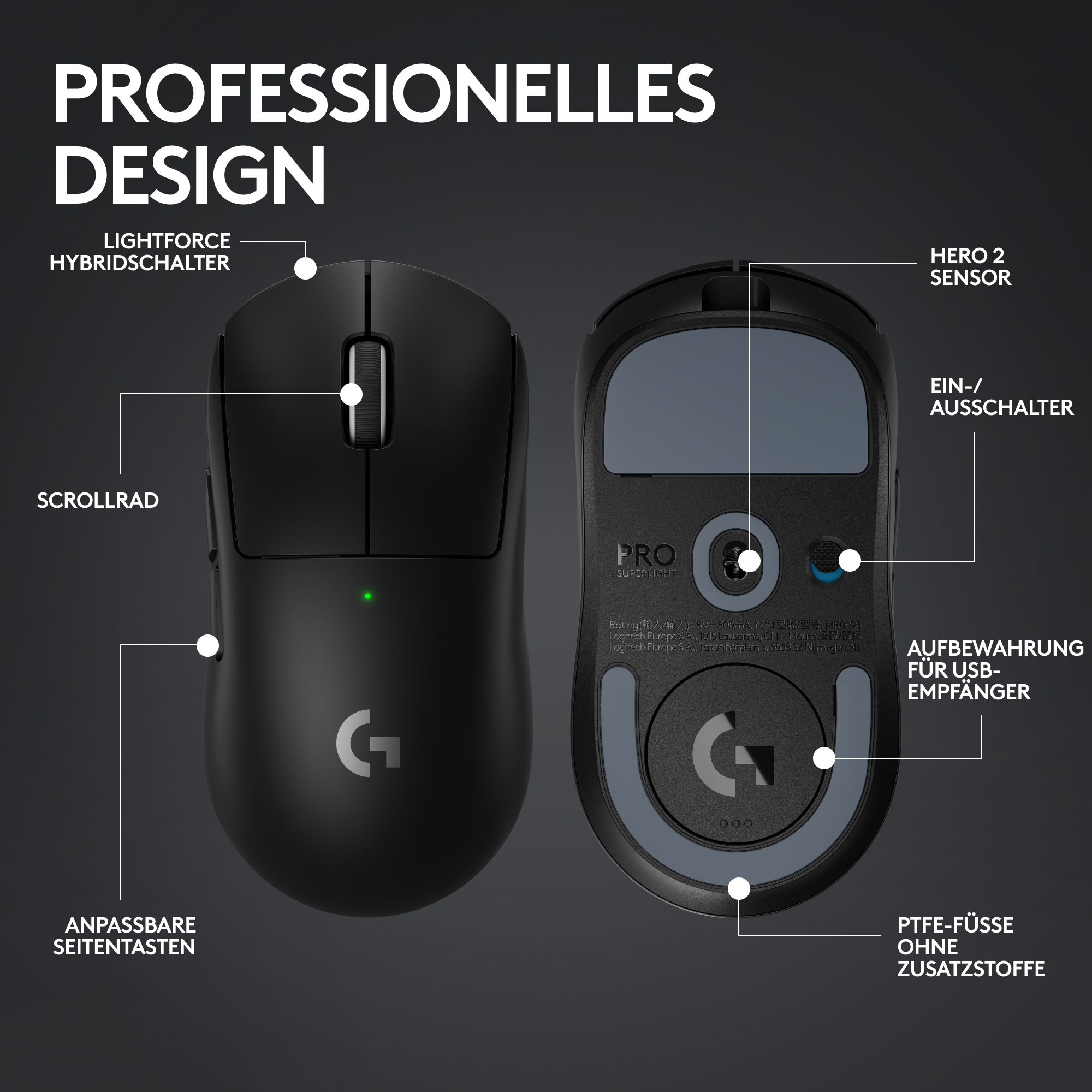 Schwarze Logitech Pro Superlight Gaming-Maus, Vorder- und Unteransicht, mit Beschriftungen. Enthält Scrollrad, Seitentasten und mehr.