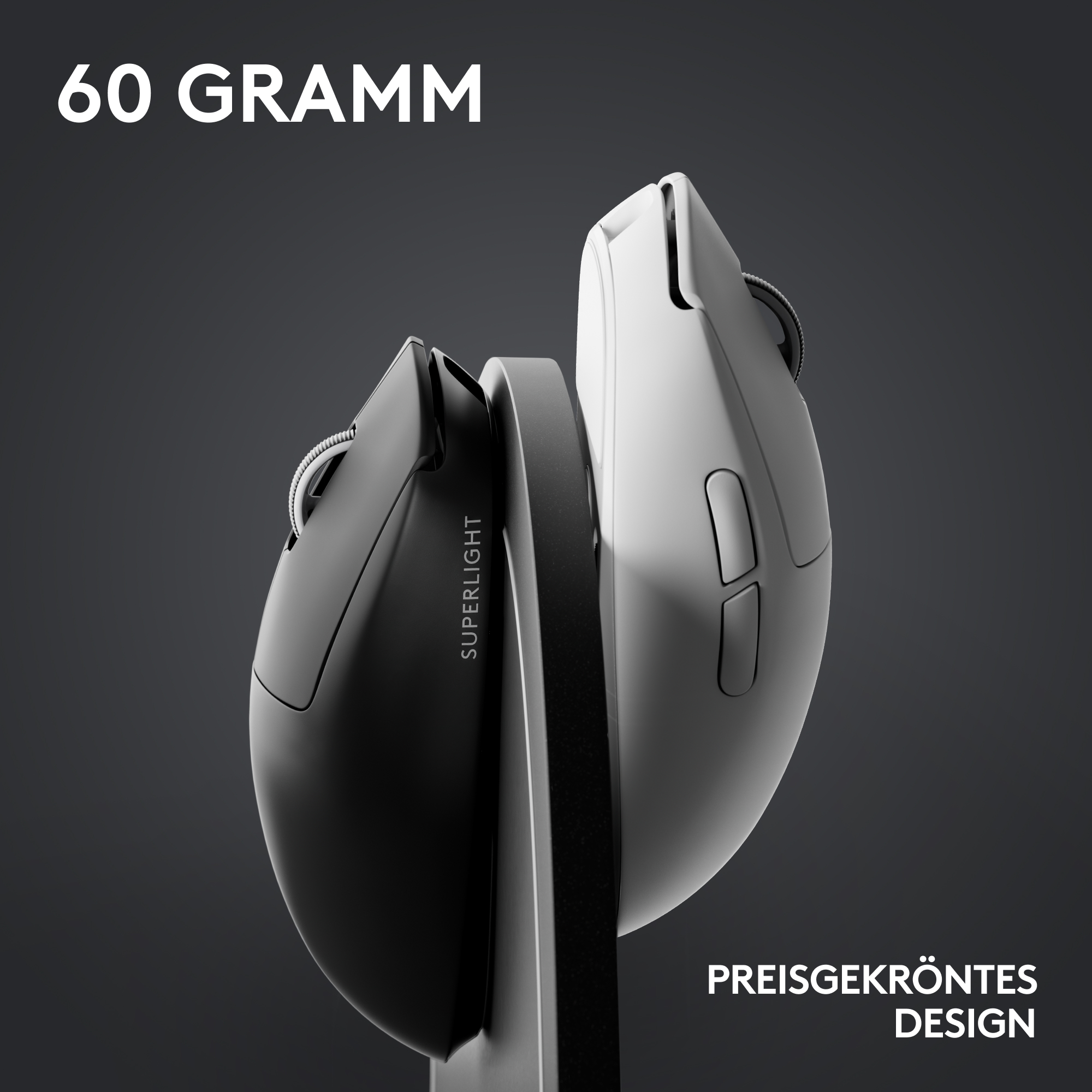 Zwei Computermäuse, schwarz und weiß, vor dunklem Hintergrund. Text: '60 GRAMM' und 'PREISGEKRÖNTES DESIGN'.