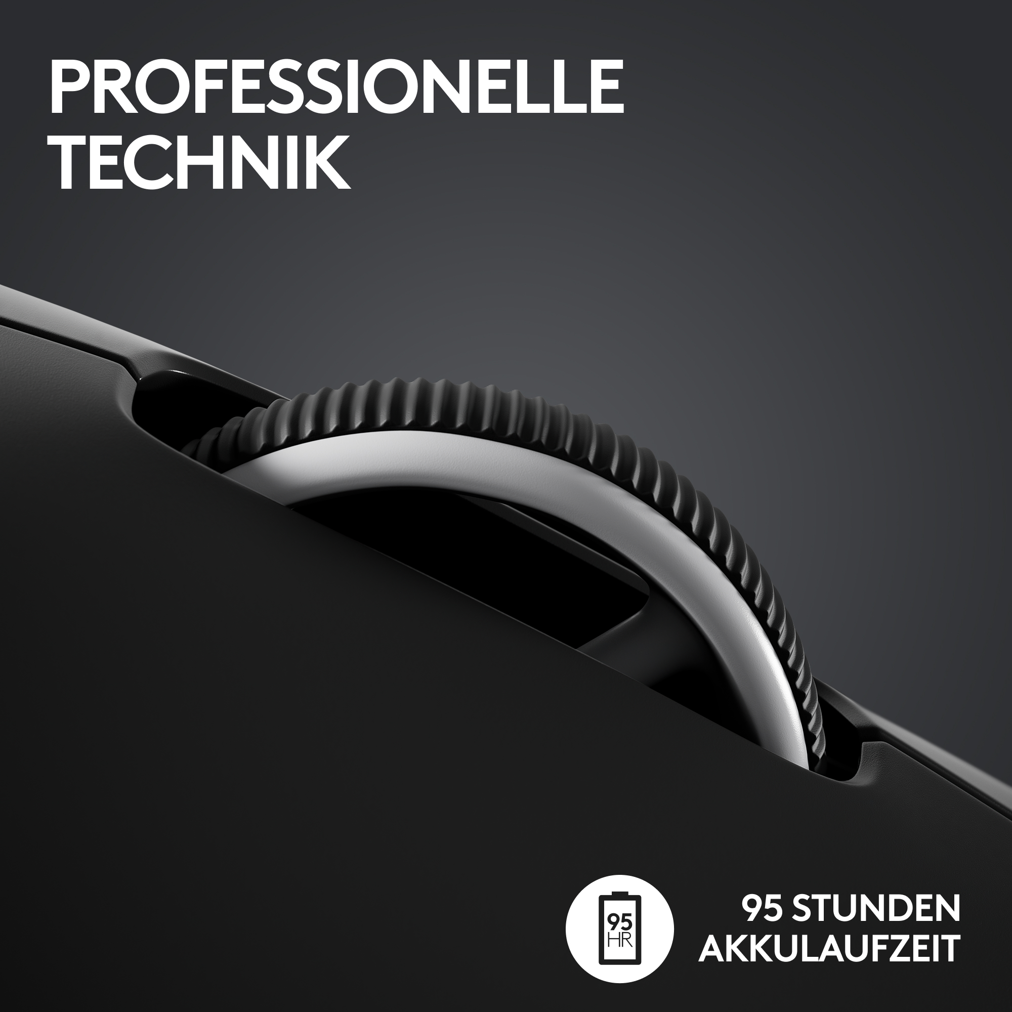 Nahaufnahme einer schwarzen Maus. Weißer Text oben: 'PROFESSIONELLE TECHNIK'. Symbol: Batterie mit 95 HR und Text darunter.