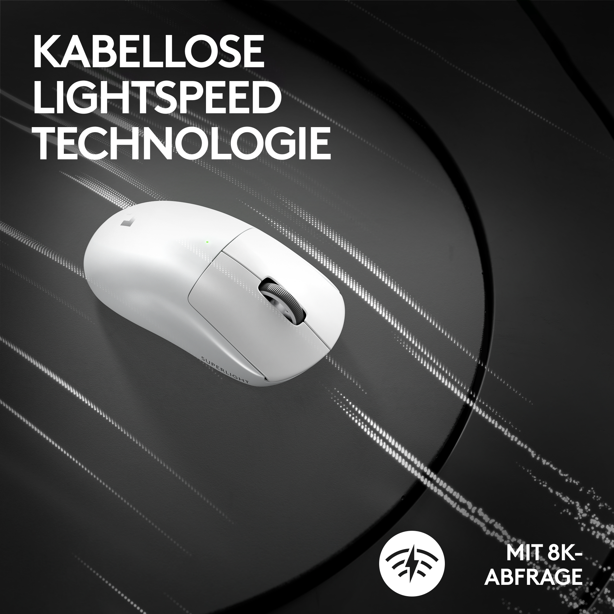 Eine weiße kabellose Maus auf dunklem Hintergrund. Text: 'KABELLOSE LIGHTSPEED TECHNOLOGIE' und 'MIT 8K-ABFRAGE'.