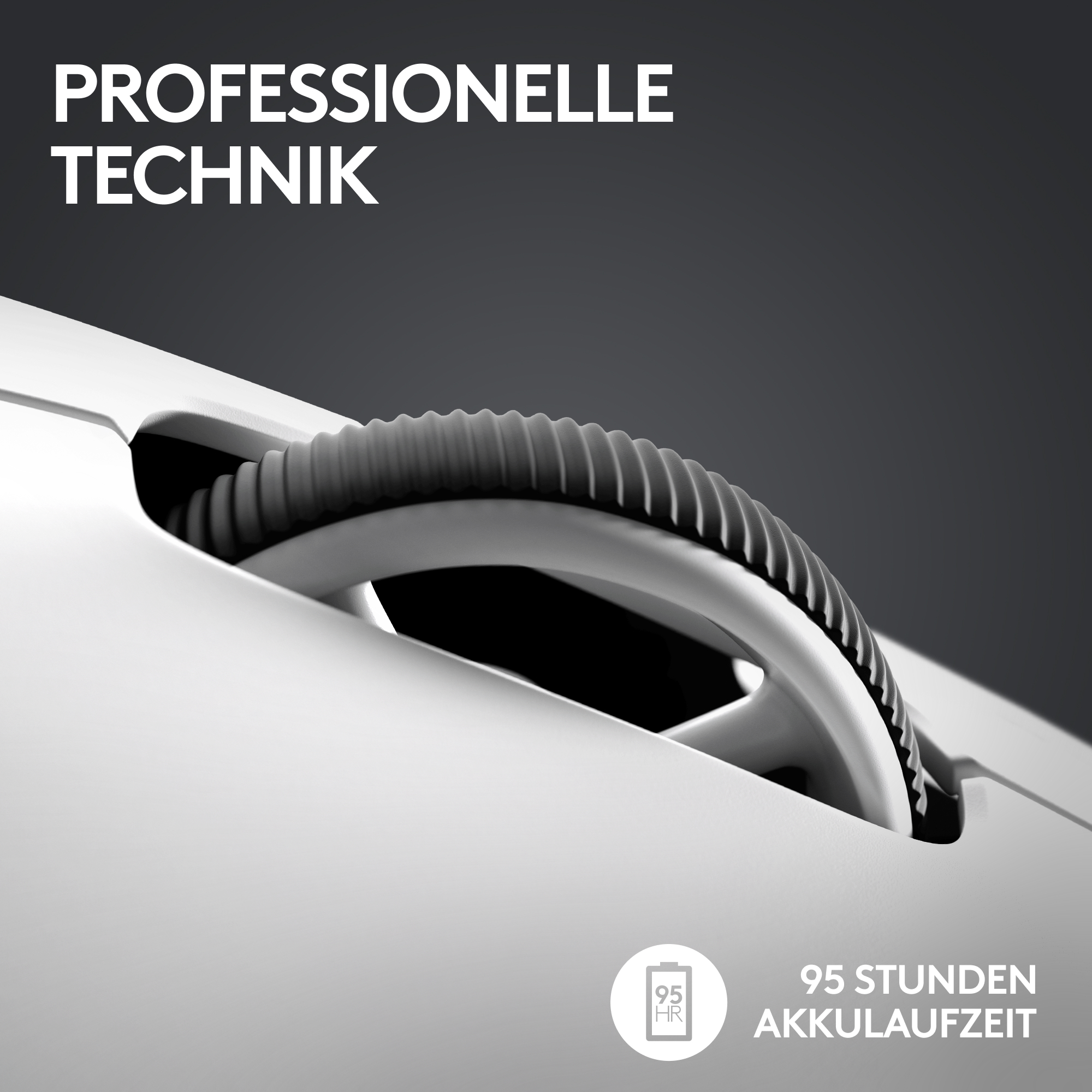 Nahaufnahme einer weißen Computermaus mit schwarzem Scrollrad. Text: 'Professionelle Technik' und '95 Stunden Akkulaufzeit'.